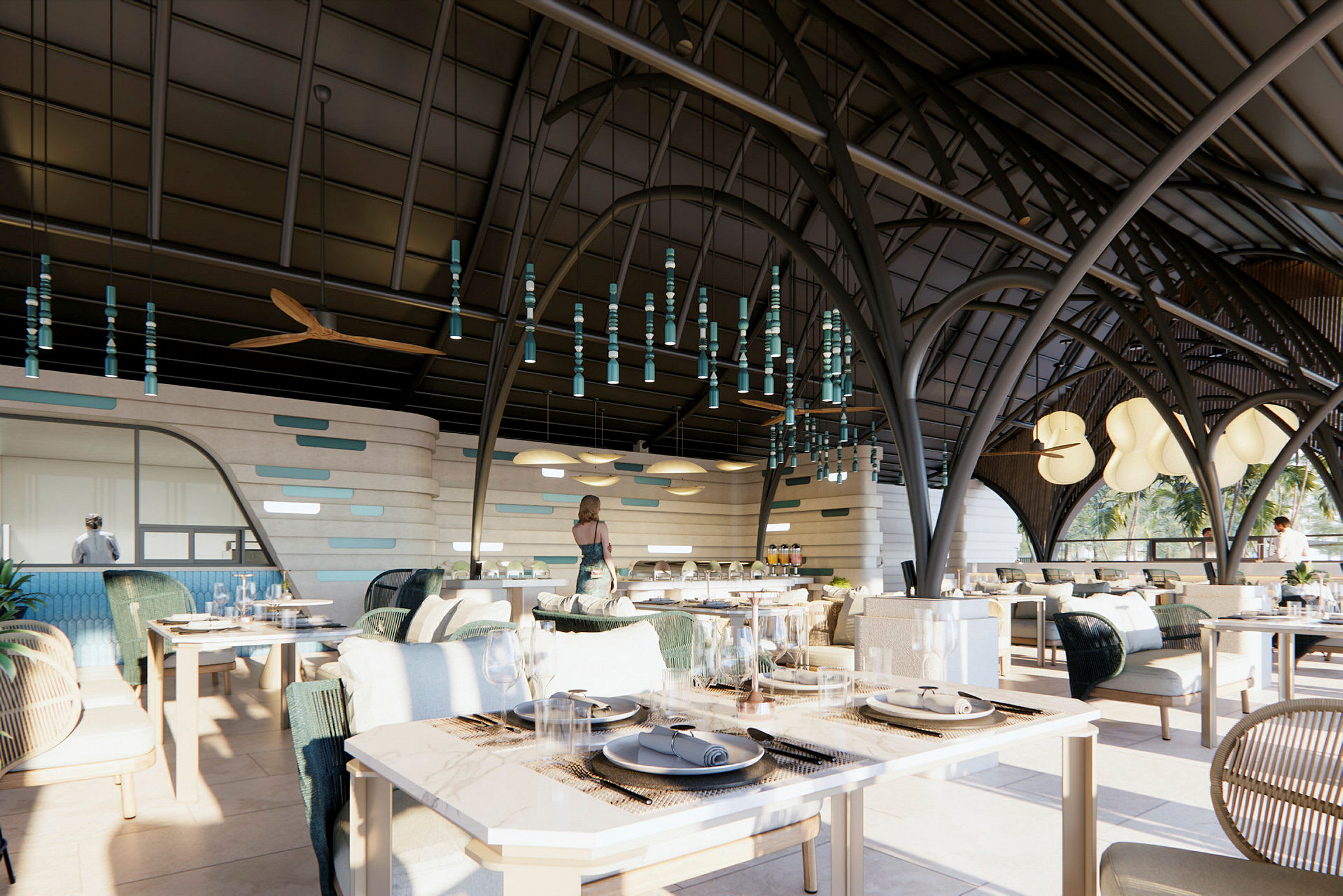 Restaurant med elegant interiør og oplyst loft. (AI-genereret tekst)
