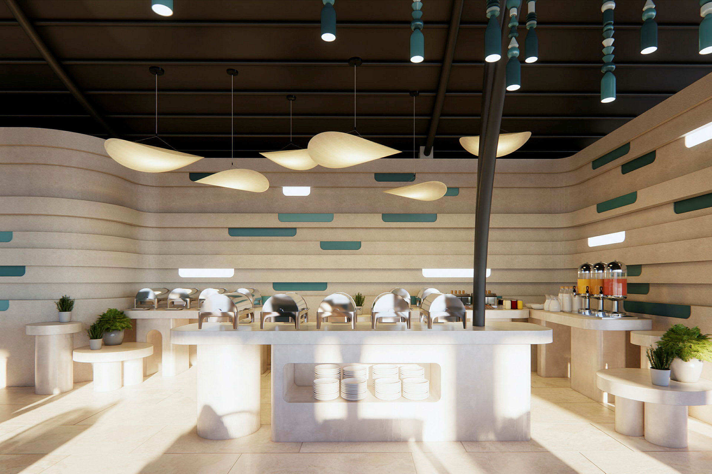Moderne indrettet spiseområde med buffetborde og dekorative lamper. (AI-genereret tekst)