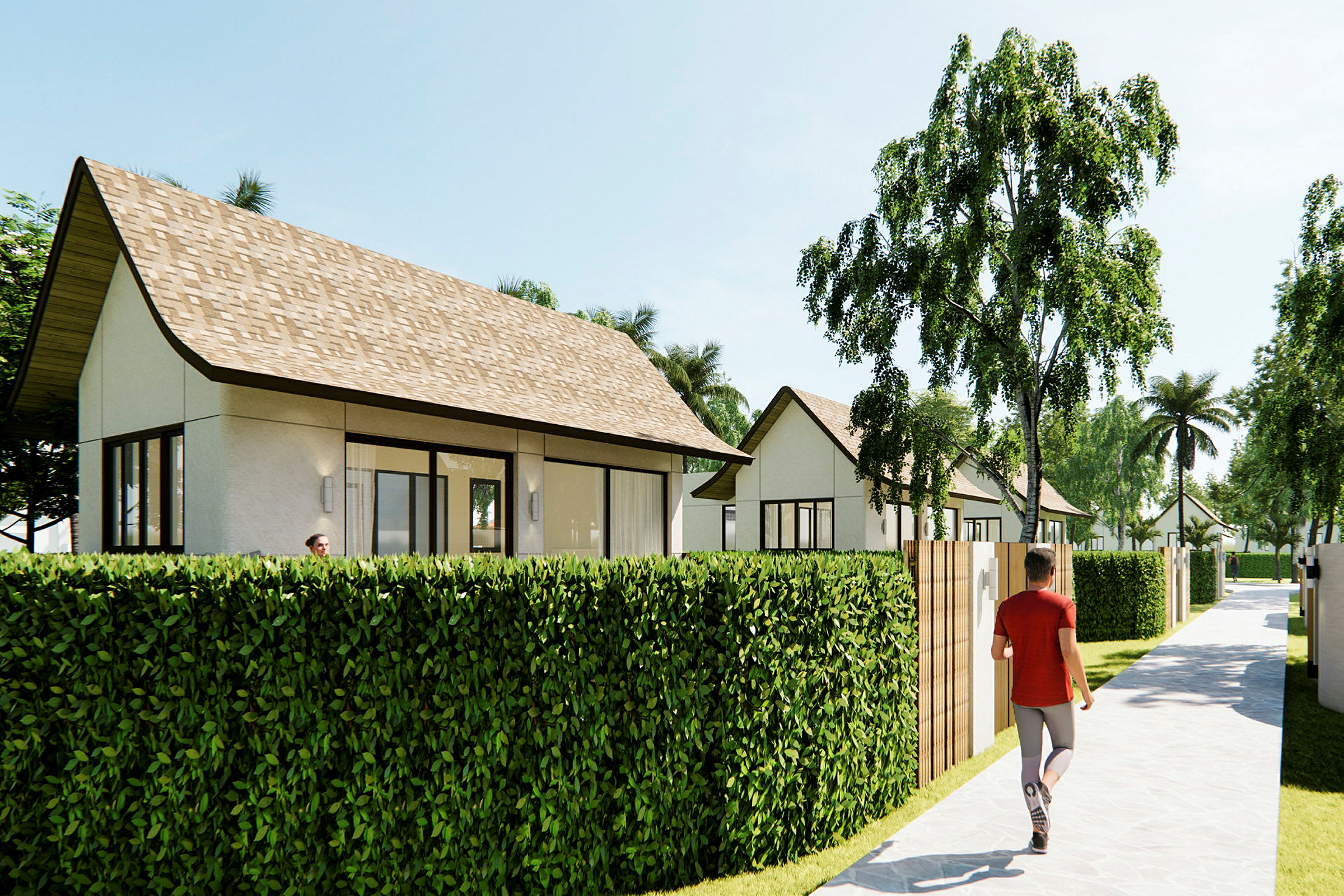 Billede af små huse med skråtag omgivet af grønne hække og træer. (AI-genereret tekst)