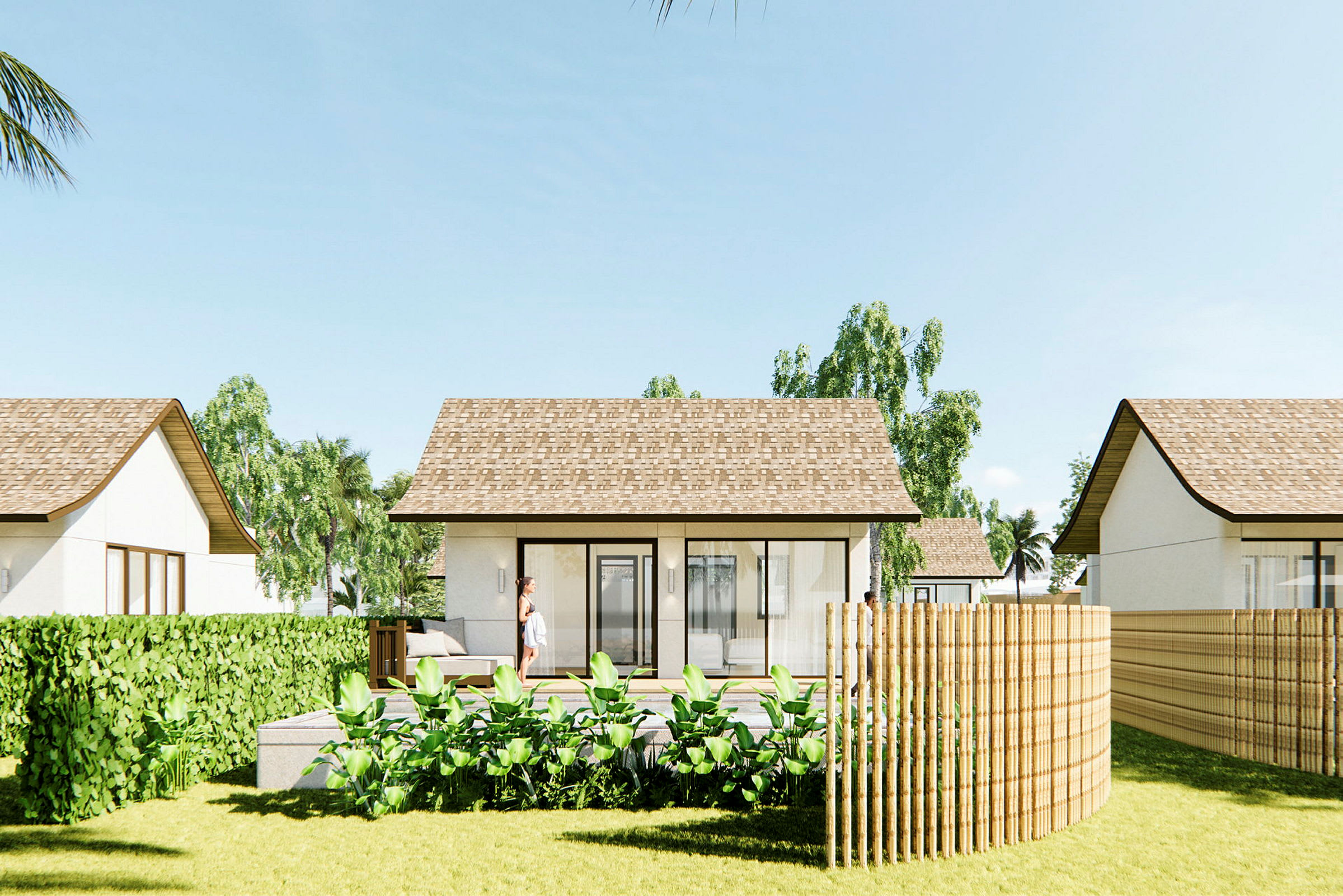 En moderne villa med terrasse omgivet af grønne omgivelser. (AI-genereret tekst)