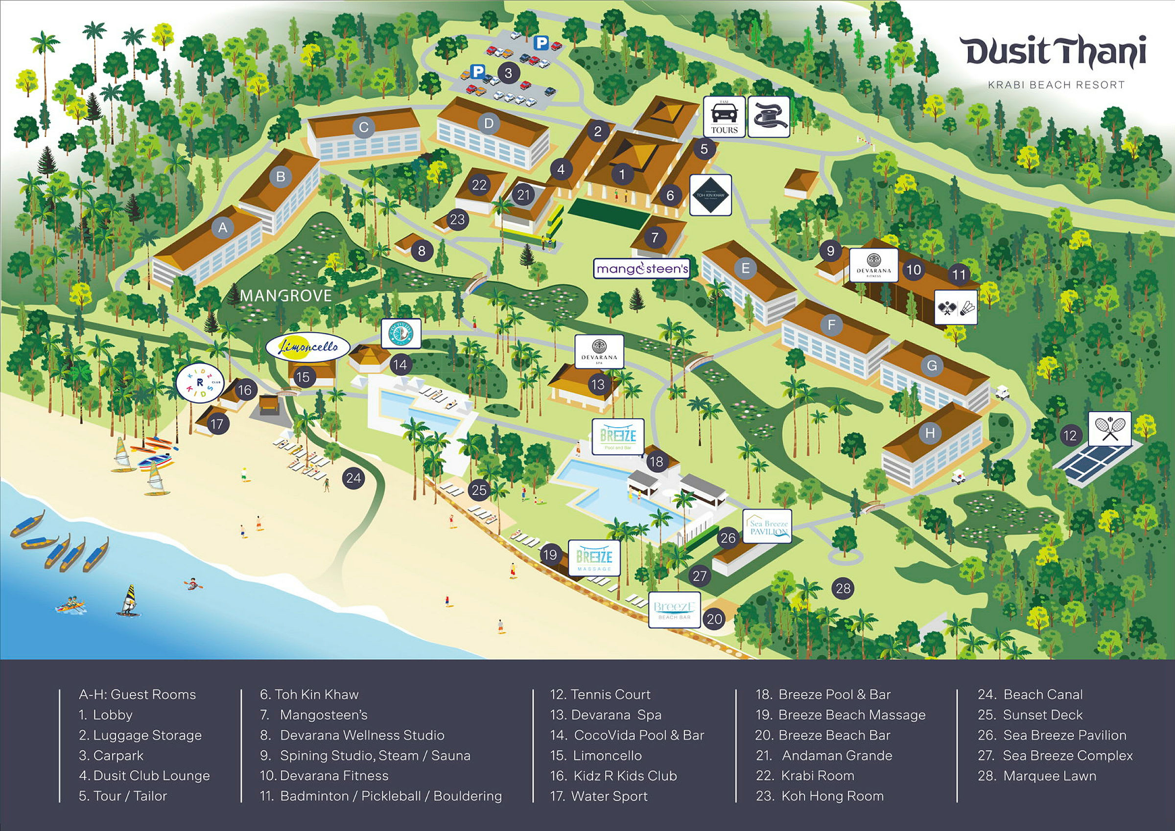 Et illustreret kort over Dusit Thani Krabi Beach Resort med bygninger, faciliteter og strandområde markeret. (AI-genereret tekst)