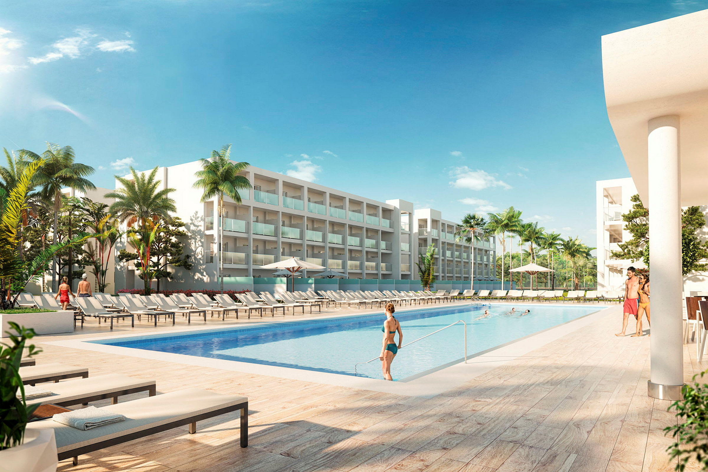 En solrig udendørs swimmingpool med liggestole omkring, omgivet af palmer og moderne bygninger. (AI-genereret tekst)