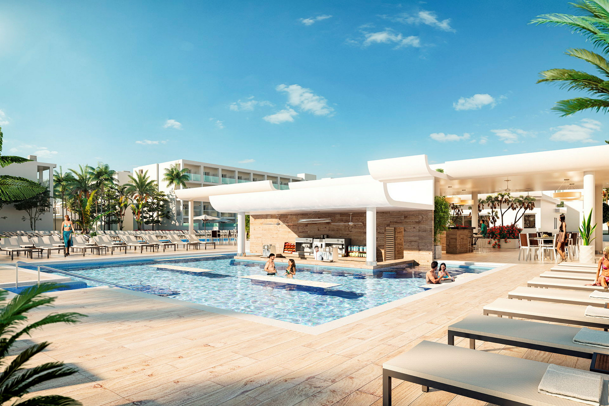 Udendørs swimmingpool med liggestole og et poolbarområde, omgivet af palmer og moderne bygninger. (AI-genereret tekst)