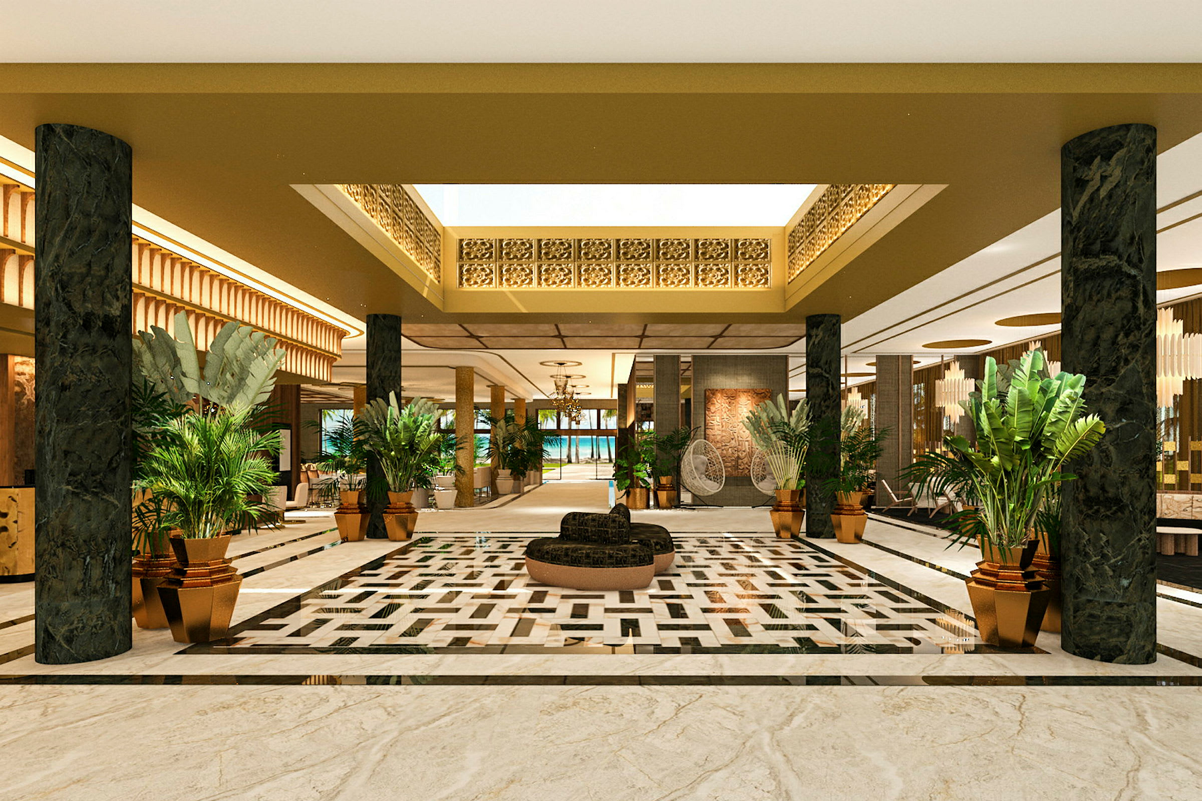 En elegant hotellobby med mønstret gulv, grønne planter i krukker og lysekroner i loftet. (AI-genereret tekst)