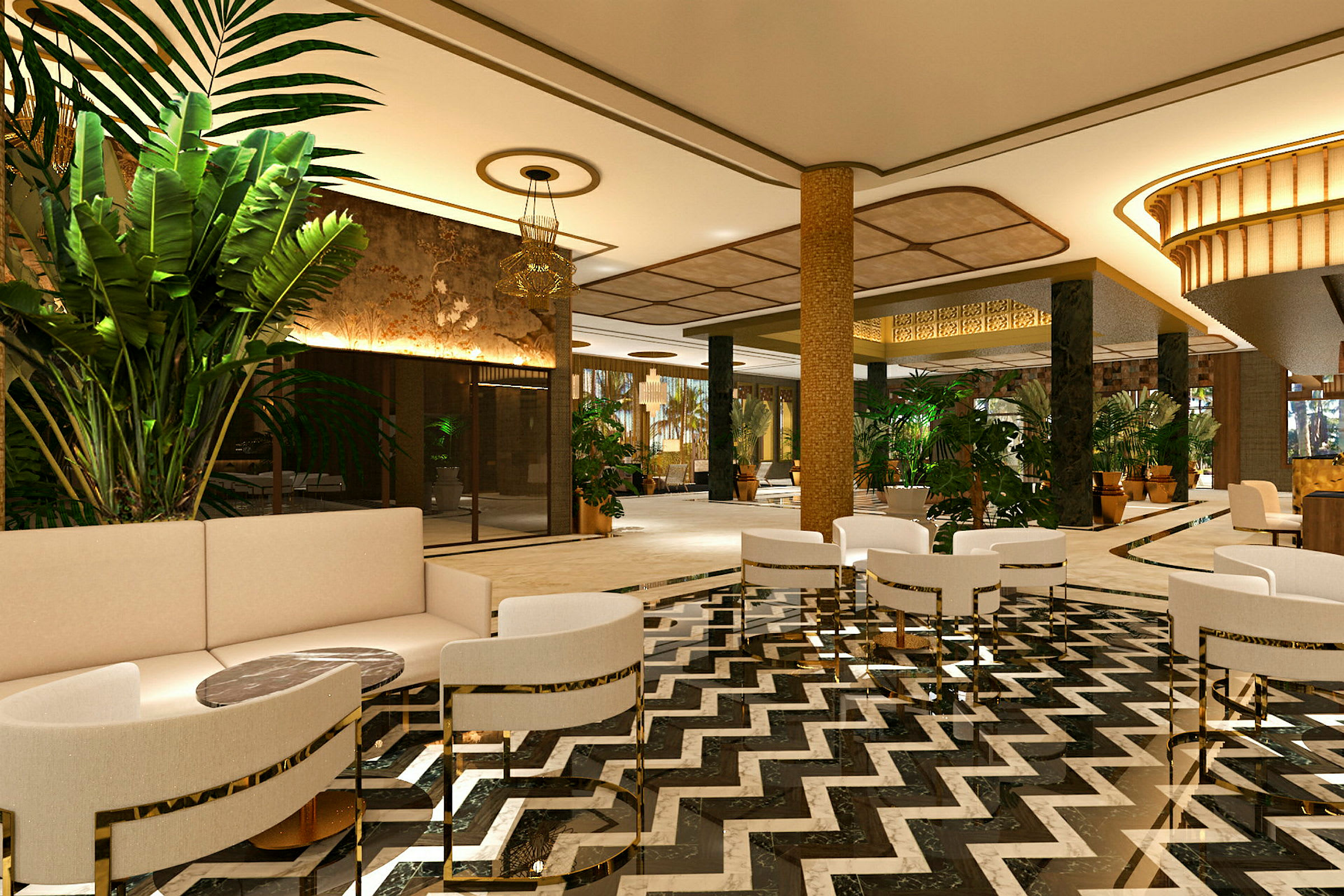 En elegant hotellobby med moderne indretning, hvide møbler, mønstret gulv og frodige planter. (AI-genereret tekst)