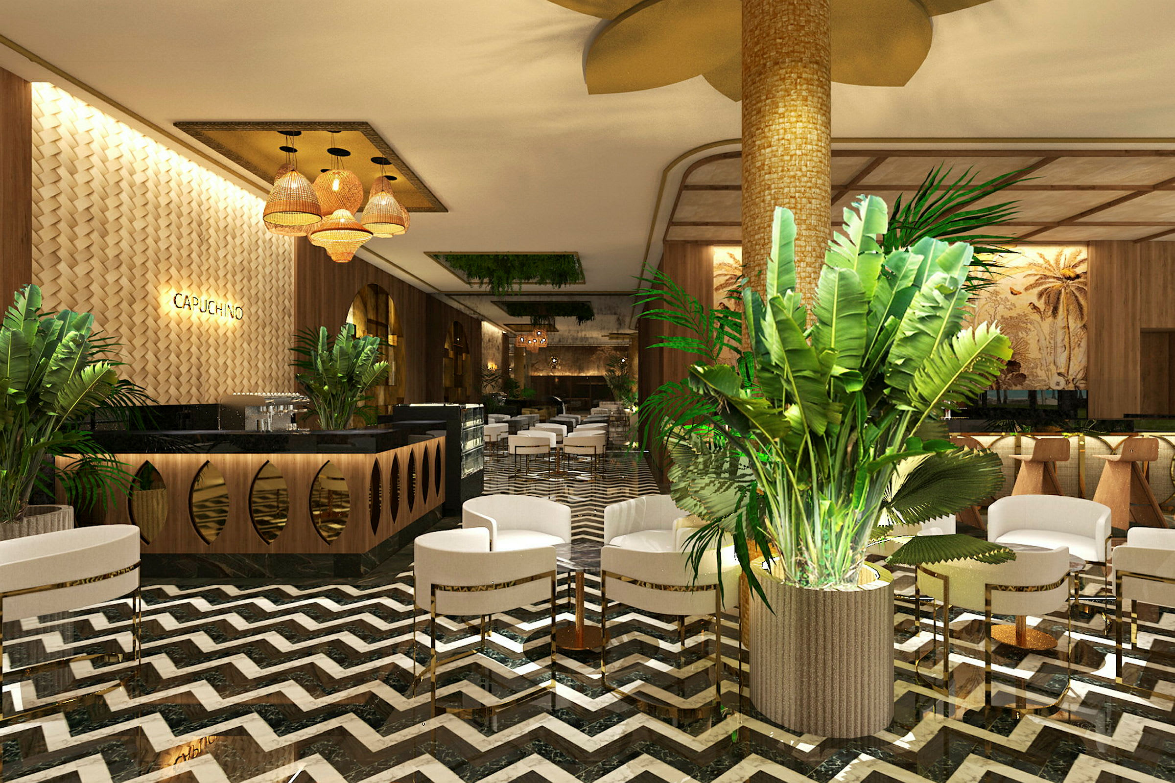 Elegant café med hvide stole, frodige planter og moderne indretning. (AI-genereret tekst)