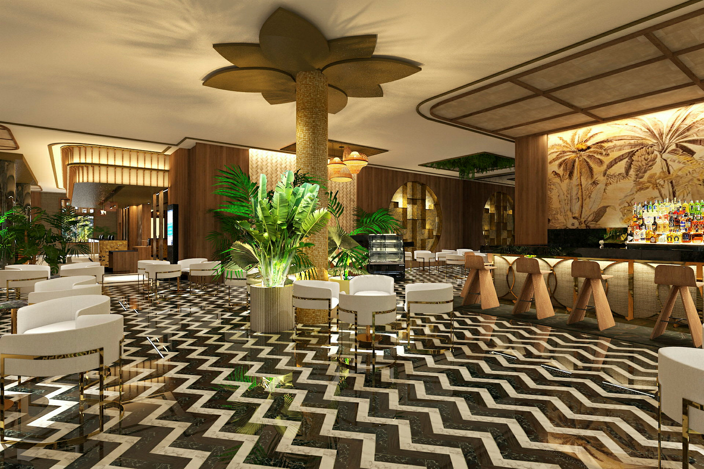 Moderne og elegant hotellobby med marmorgulv i zigzag-mønster, grønne planter, hvide lænestole og en oplyst bar. (AI-genereret tekst)
