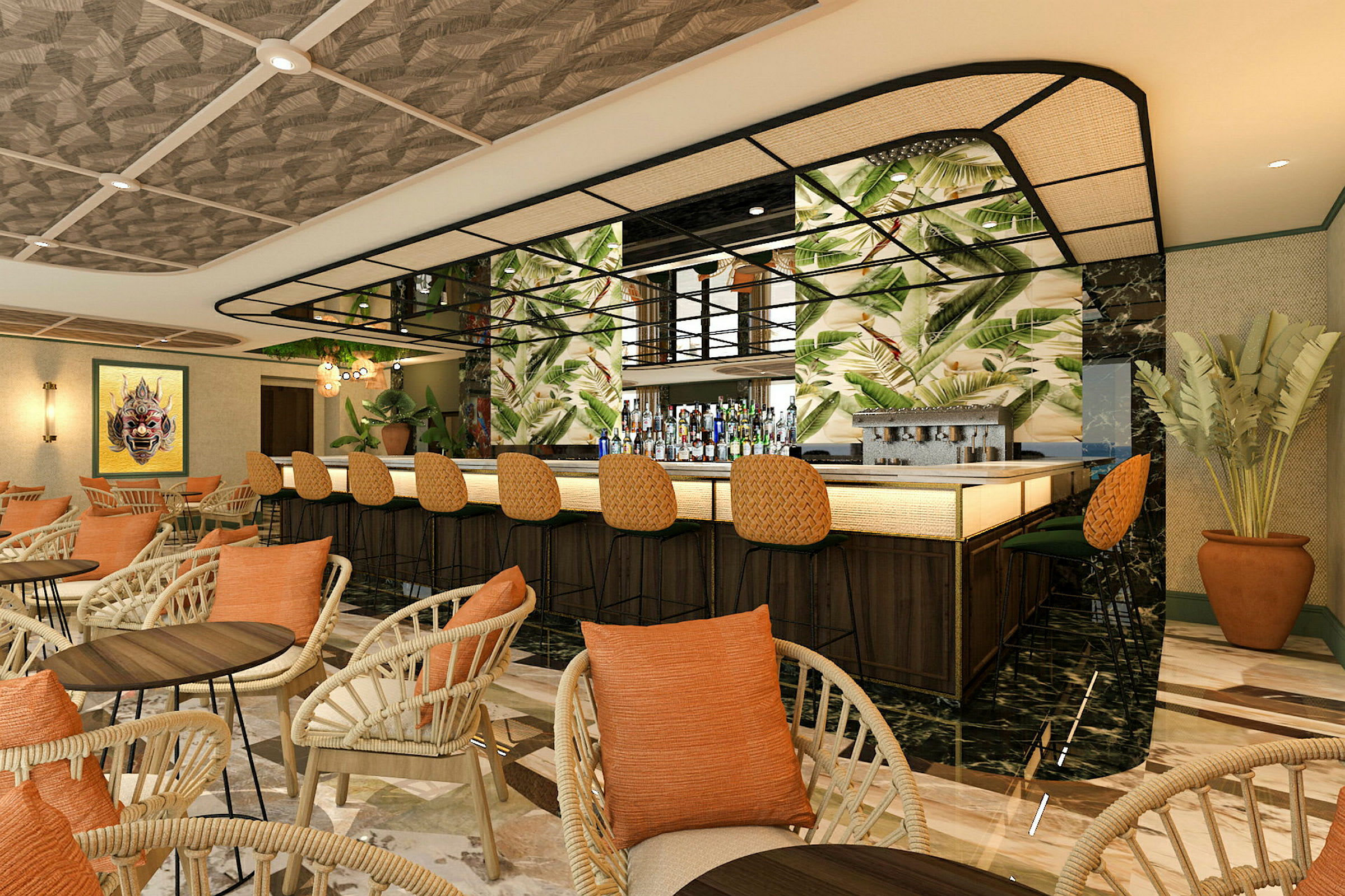 En moderne bar med en lang bardisk, barstole og siddepladser i lyse farver. Væggene har mønster med plante-design. (AI-genereret tekst)