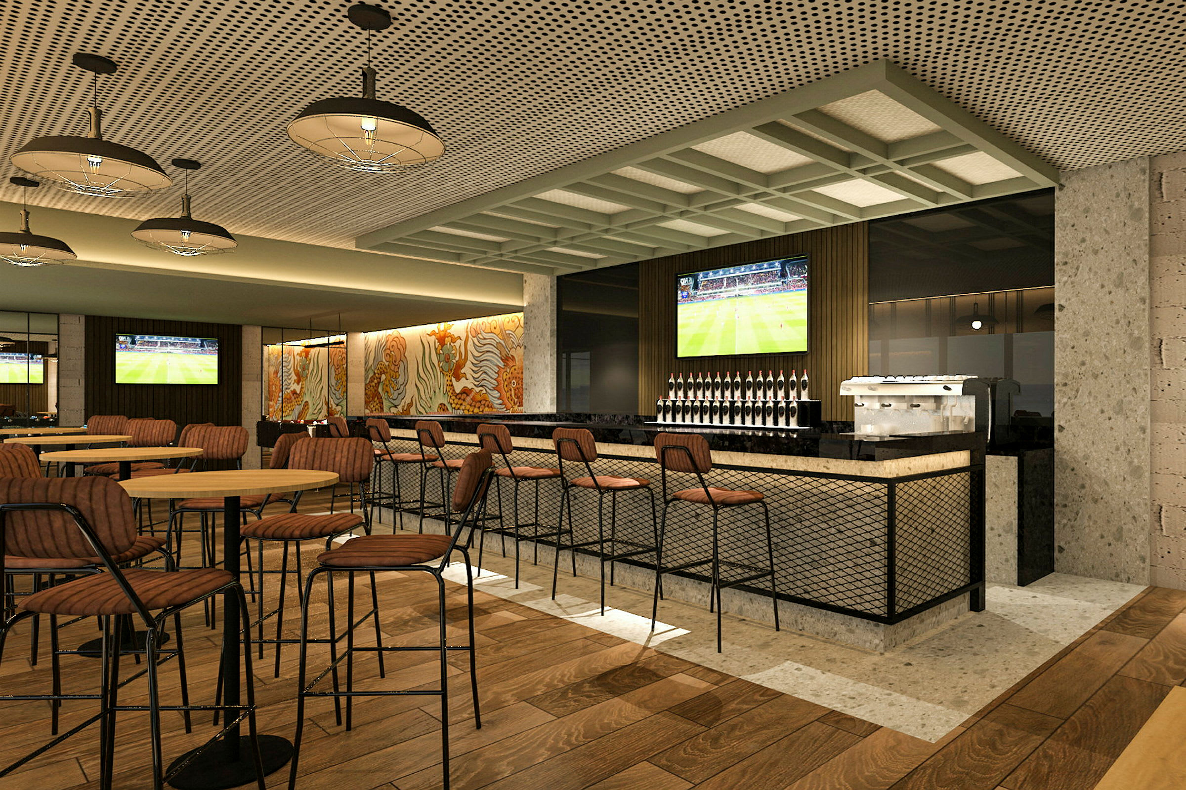 En moderne bar med høje stole ved en lang bardisk, flere borde og stole samt to tv-skærme, der viser en sportsudsendelse. (AI-genereret tekst)