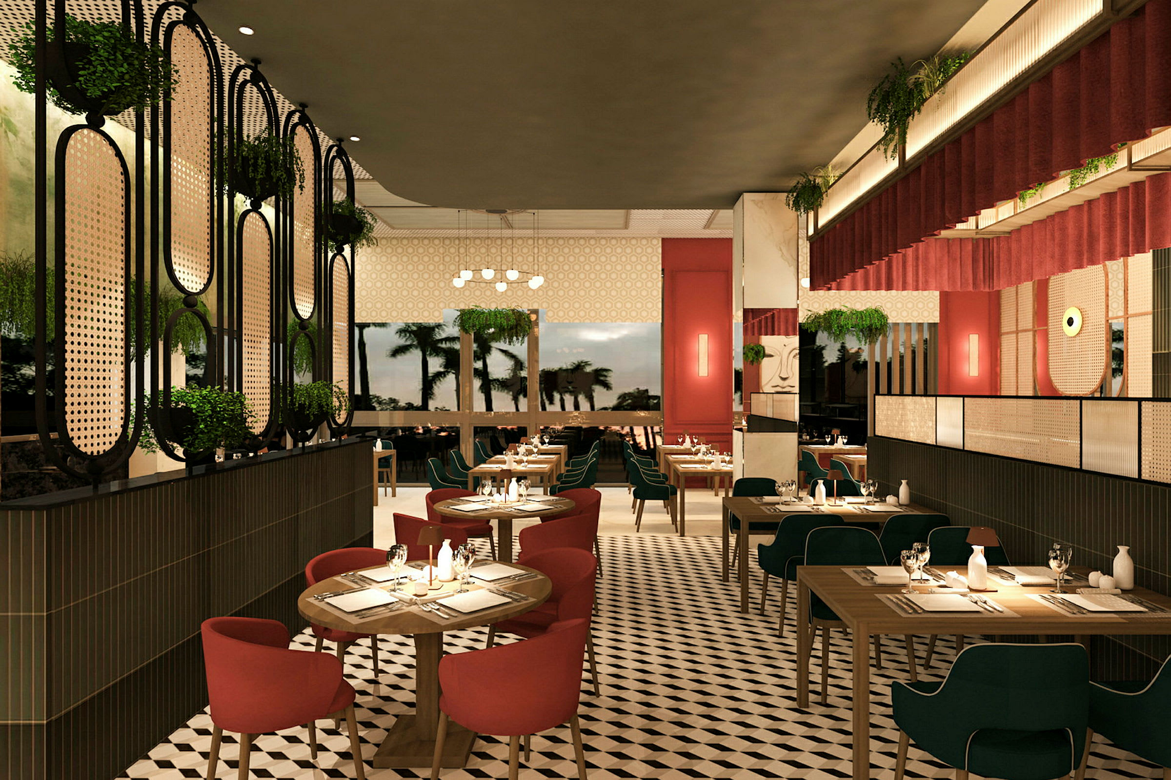 Et moderne restaurantinteriør med røde og grønne stole samt træborde, gulv med geometrisk mønster og dekorative planter. (AI-genereret tekst)