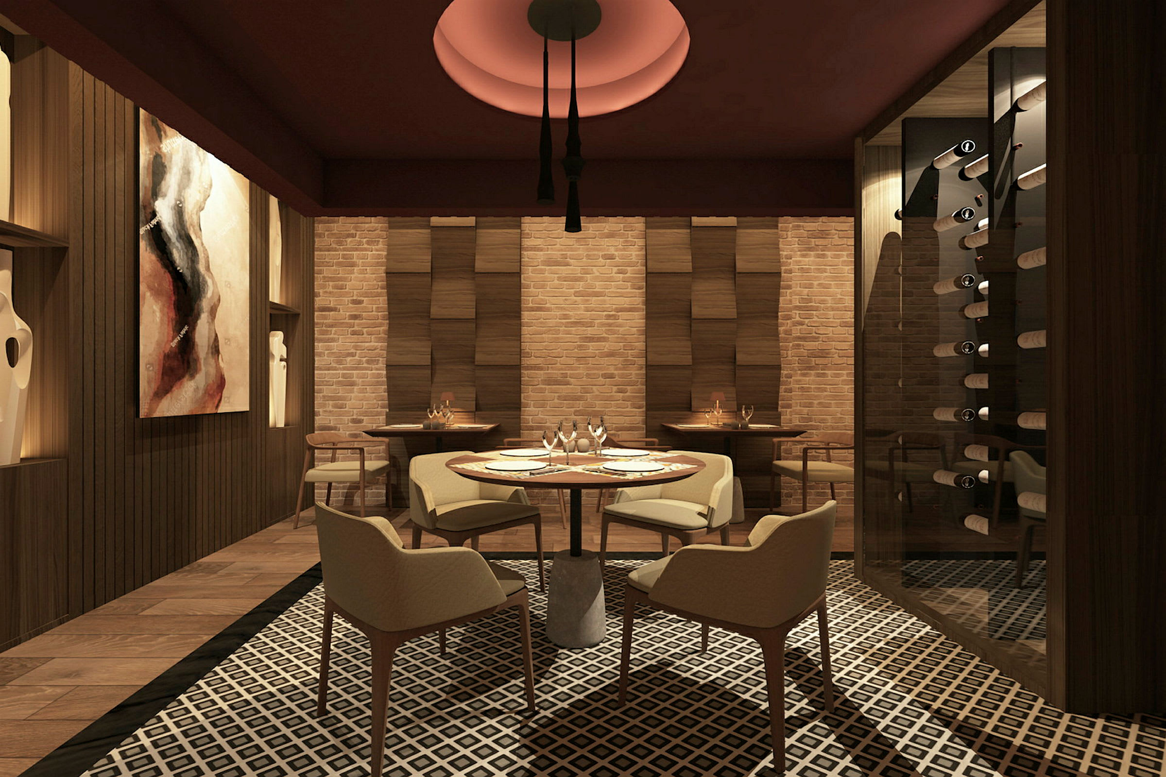En moderne indrettet restaurant med trædetaljer, en hylde fyldt med vinflasker og kunst på væggene. (AI-genereret tekst)