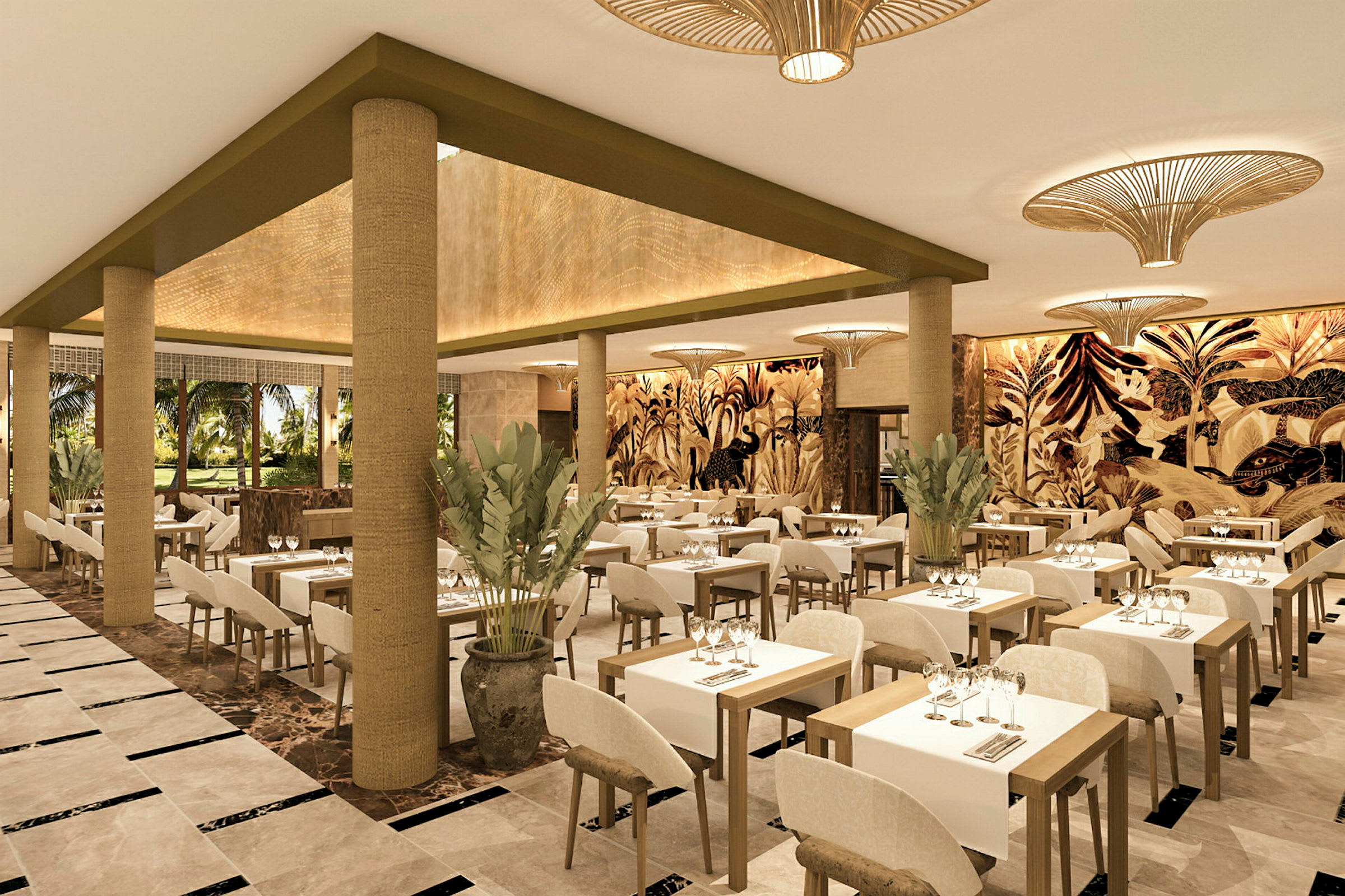 En elegant restaurant med lyse træborde, hvide duge og et tropisk vægmaleri. (AI-genereret tekst)