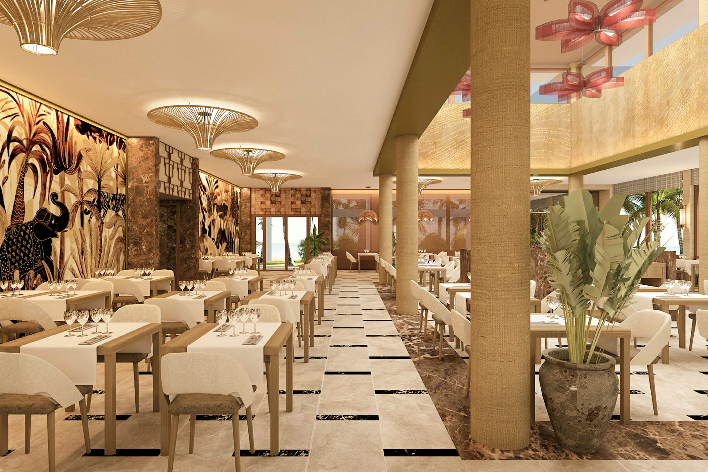 En elegant indrettet restaurant med borde placeret i rækker, dekoreret med hvide duge og glas. Væggene er udsmykket med kunstneriske motiver, og der er store grønne planter i krukker. (AI-genereret tekst)