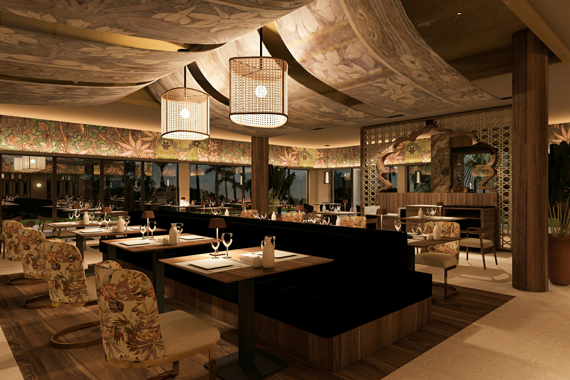 En elegant restaurant med dekorative loftspaneler og stilfulde borde og stole. (AI-genereret tekst)