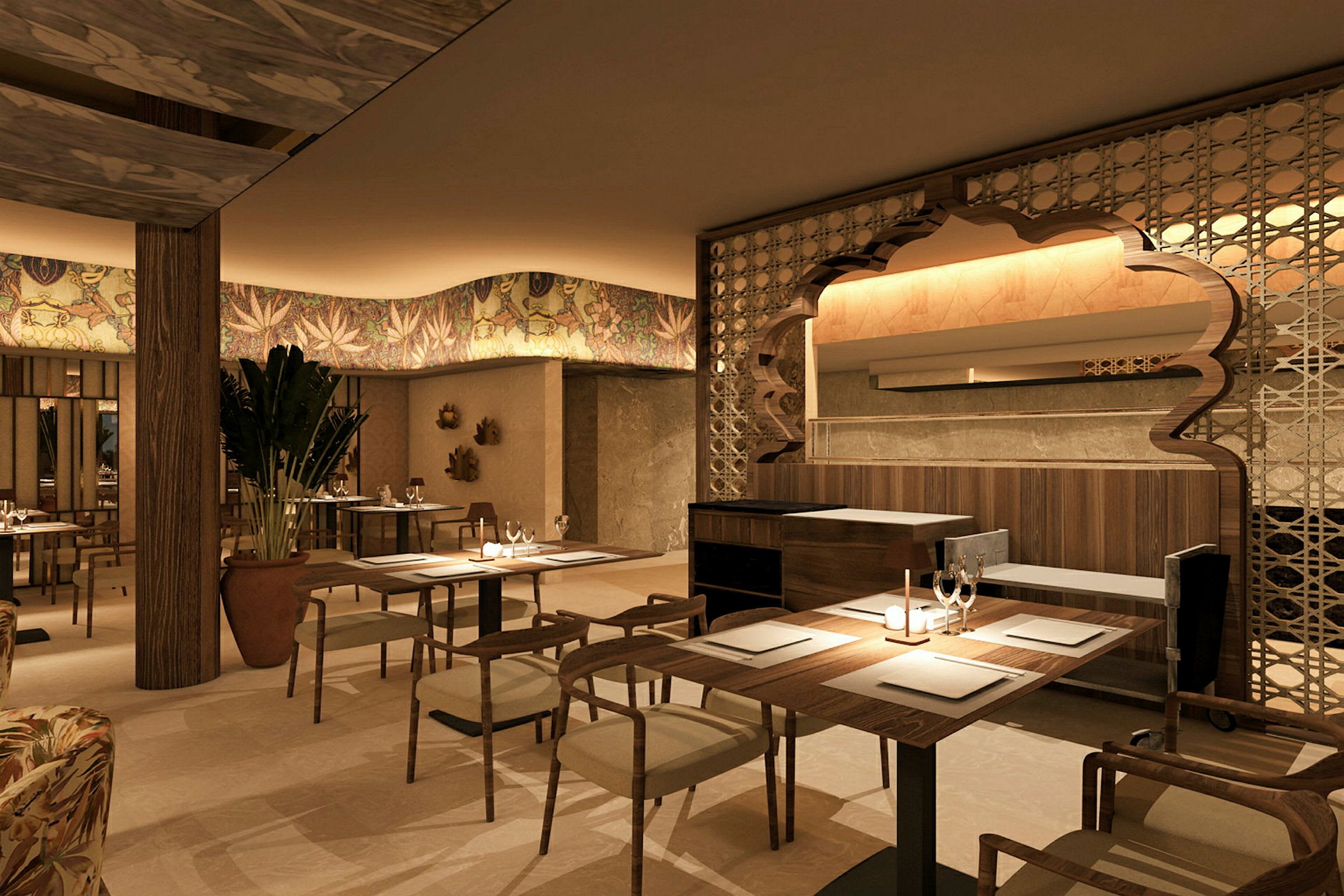 En elegant restaurantindretning i varme, afdæmpede farver med borde og stole arrangeret for at skabe en hyggelig atmosfære. (AI-genereret tekst)