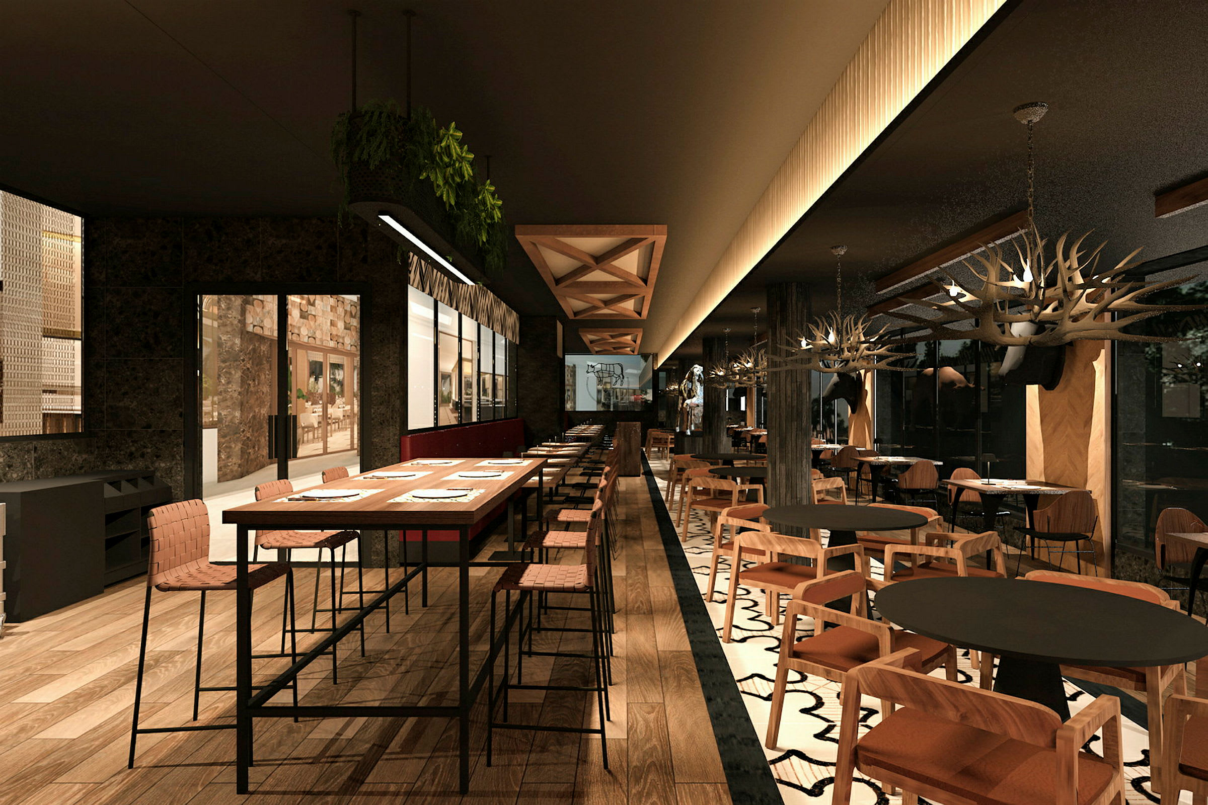 En modern og stilfuld restaurant med træborde og stole samt dekorative loftslamper formet som horn. (AI-genereret tekst)