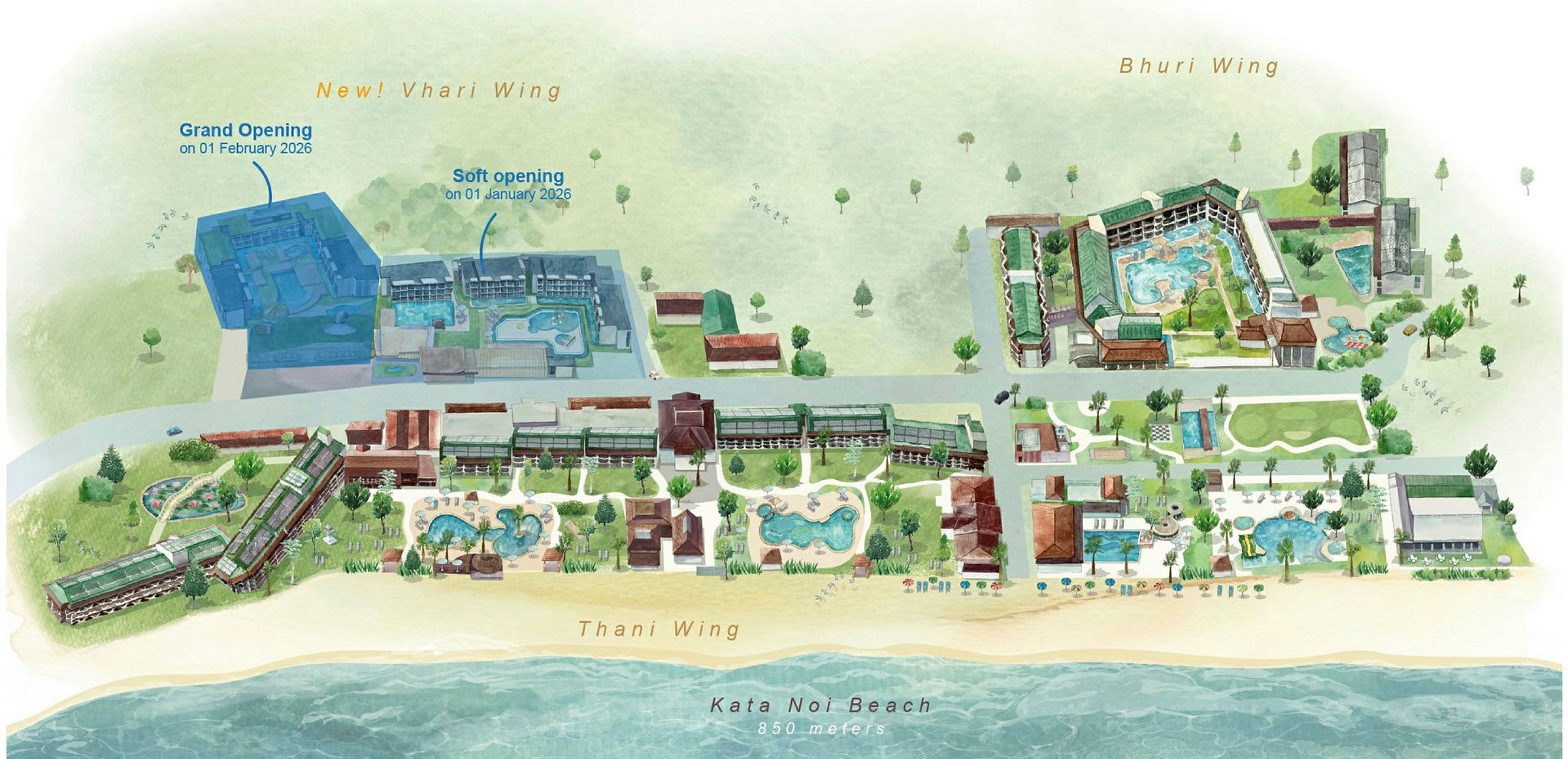Illustration af et feriested ved stranden med forskellige bygninger og swimmingpools. (AI-genereret tekst)