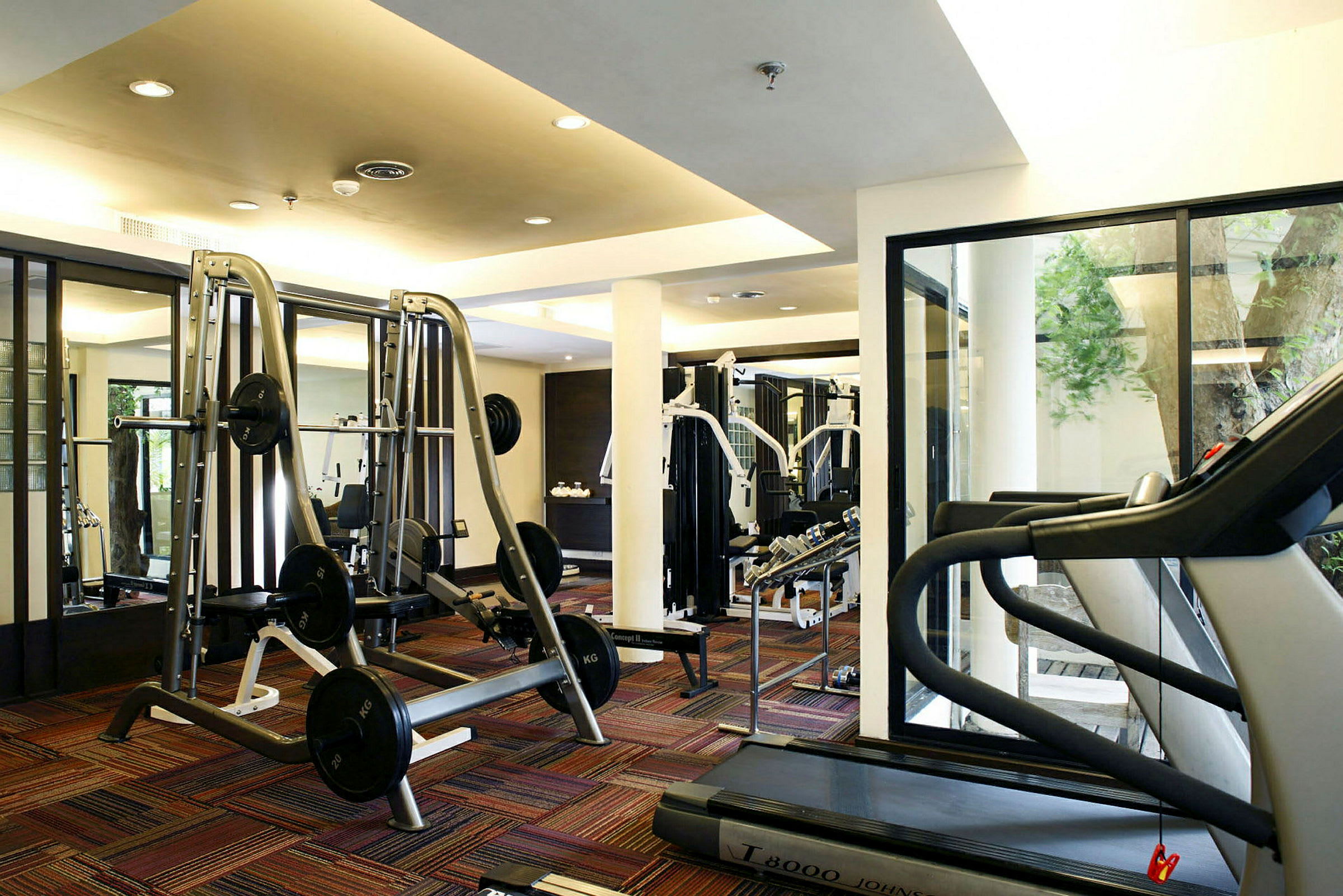 Et fitnesscenter med træningsudstyr, herunder vægte og løbebånd. (AI-genereret tekst)
