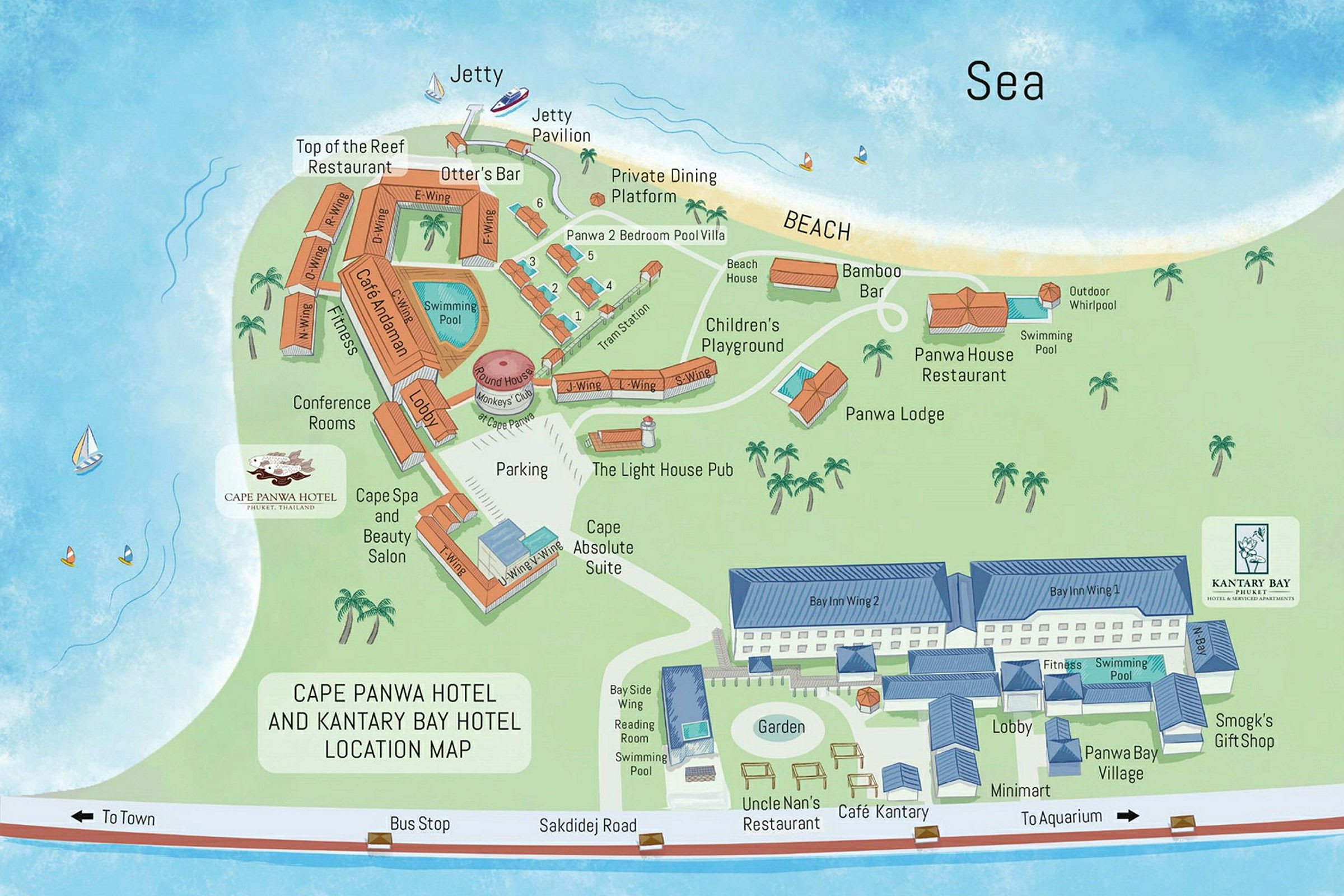 Illustreret kort over Cape Panwa Hotel og Kantary Bay Hotel med bygninger, faciliteter og stranden markeret. (AI-genereret tekst)
