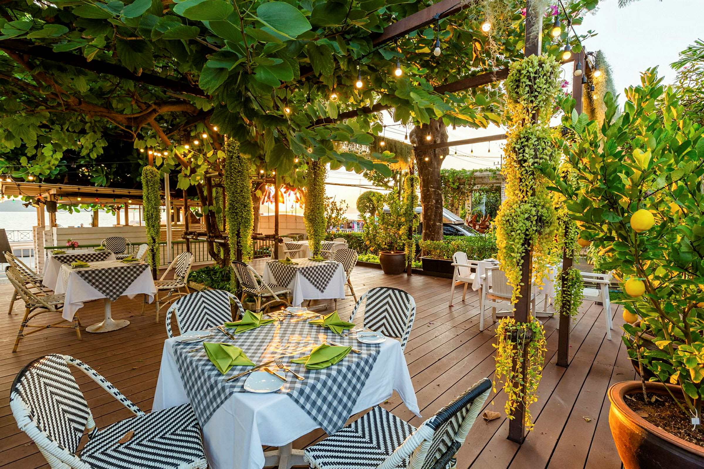 Billede af en udendørsrestaurant med møbler i træ og borde dækket med ternede duge. Området er omgivet af planter og hængende lys. (AI-genereret tekst)