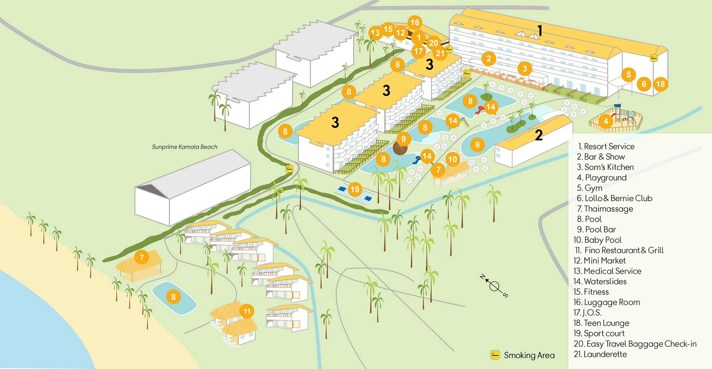 Illustration af Sunprime Kamala Beach resortområde med markerede faciliteter og bygninger. (AI-genereret tekst)