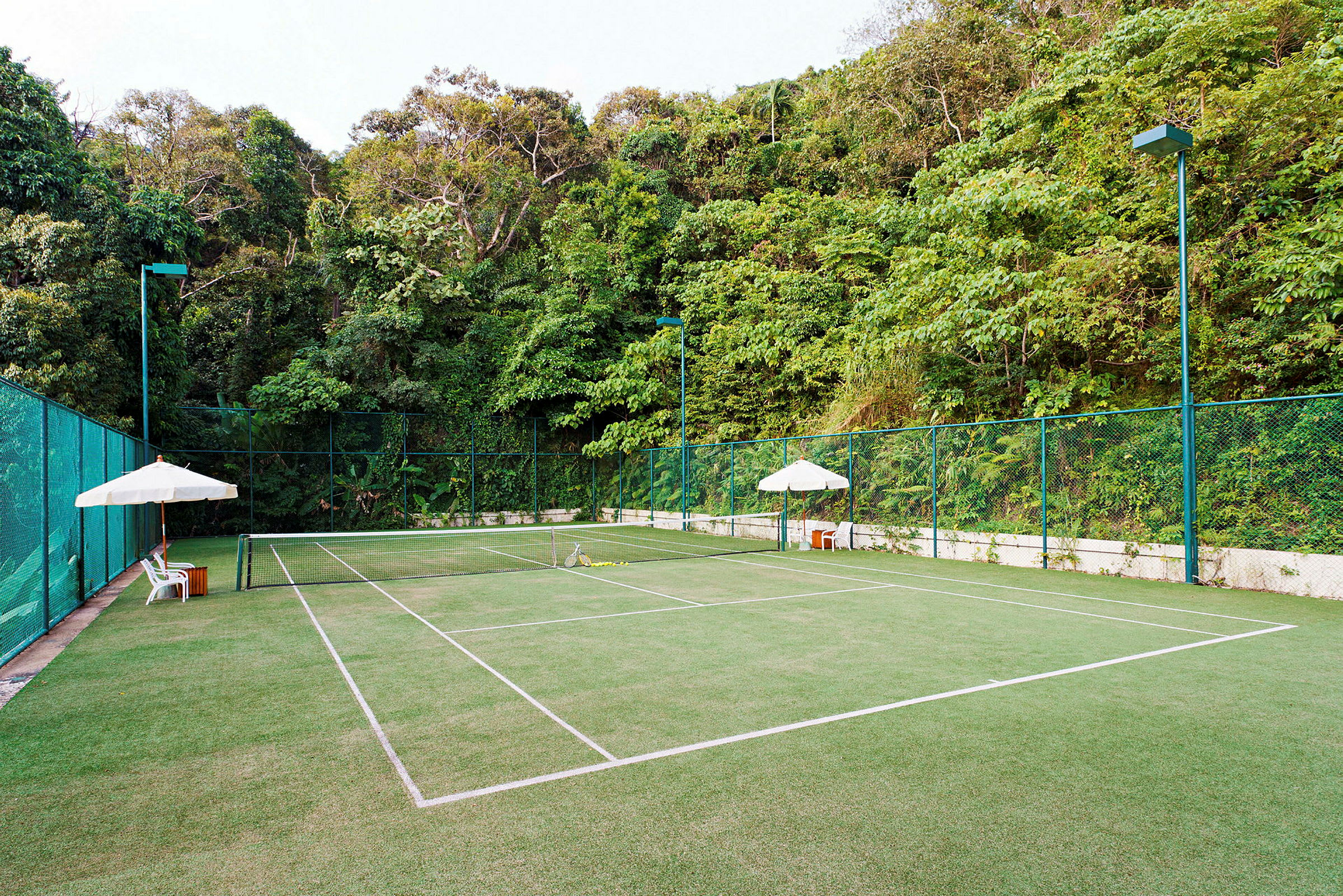 En tennisbane med græsunderlag omgivet af grøn vegetation. (AI-genereret tekst)