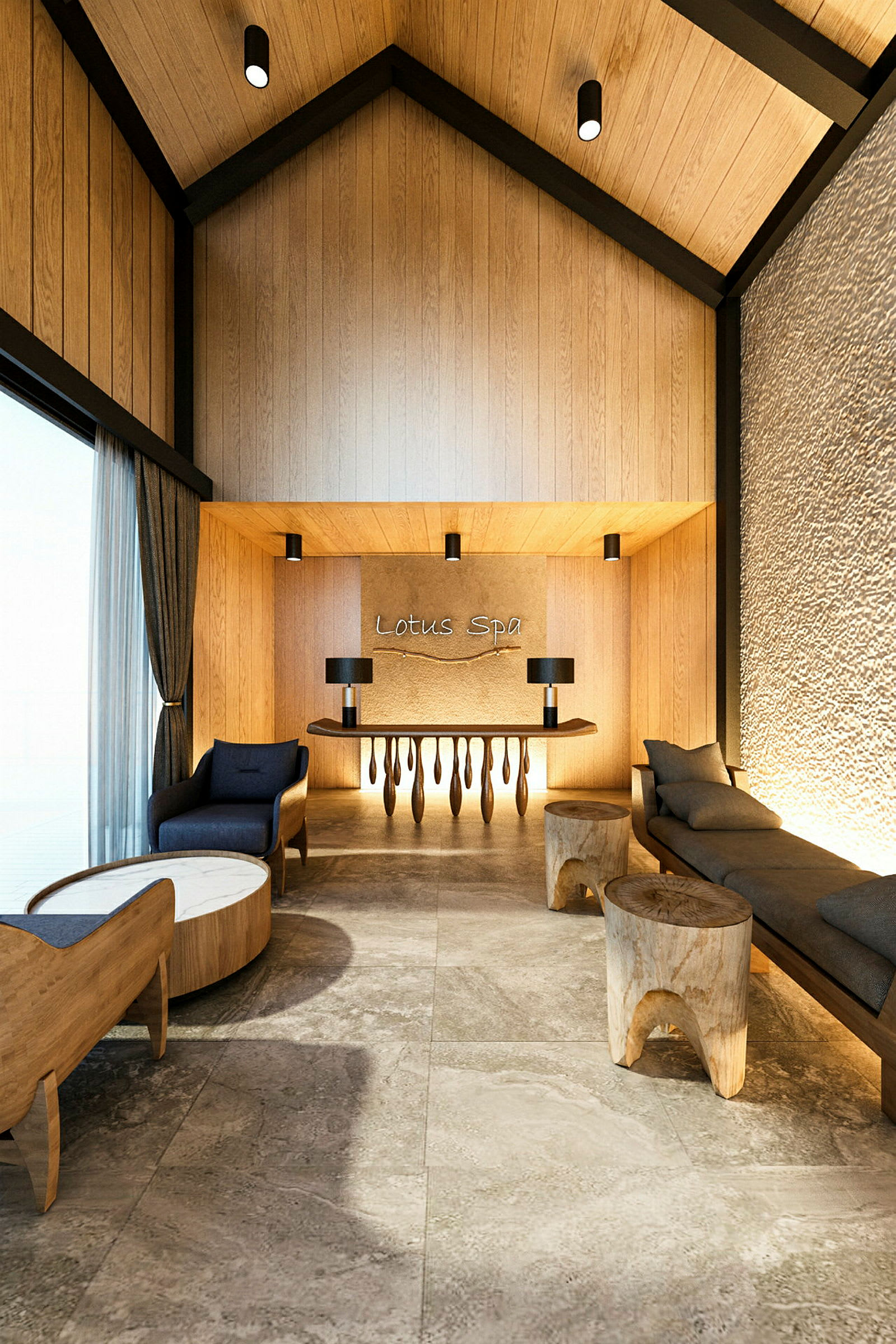 Interiør af et spa med moderne og træinspireret design. (AI-genereret tekst)