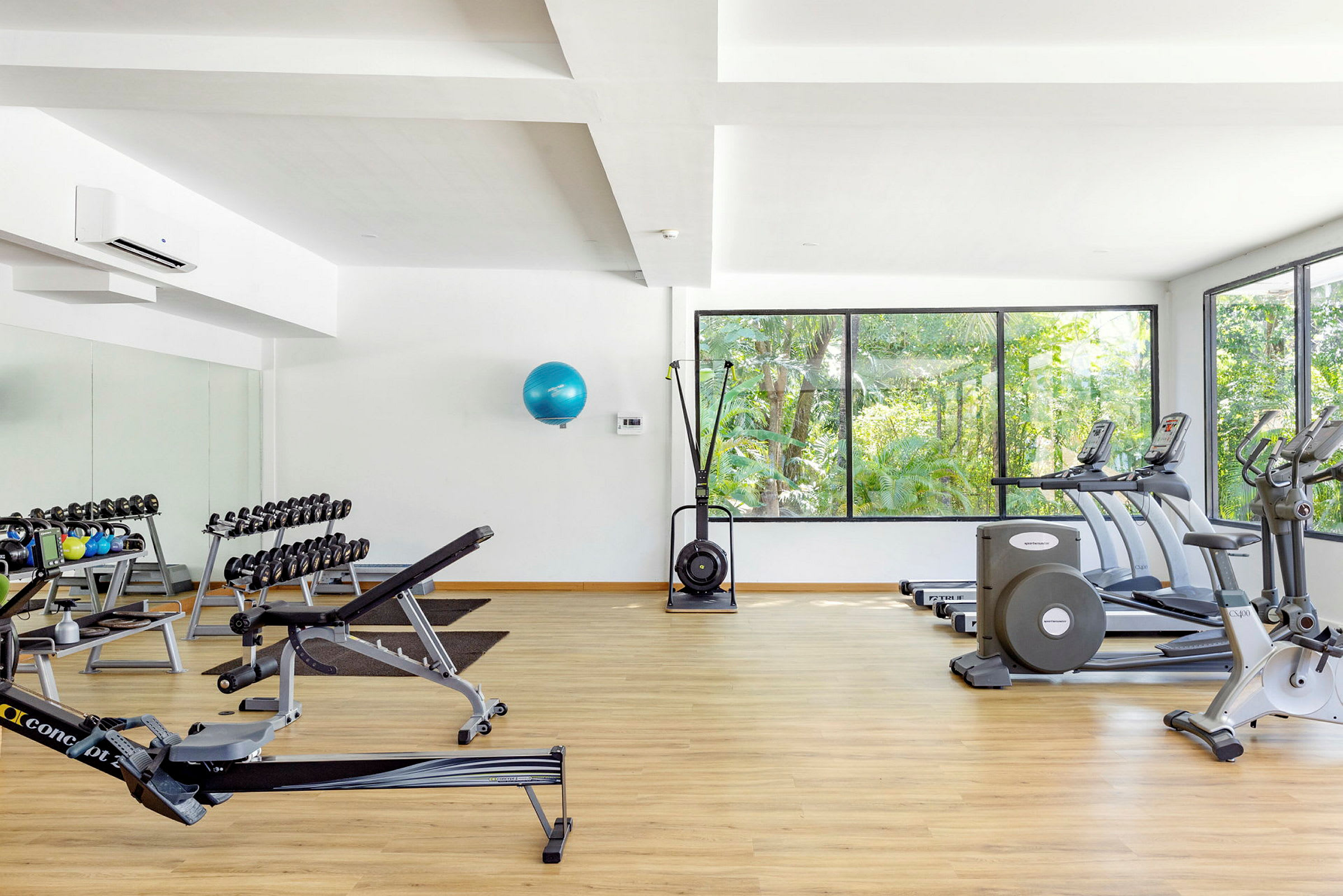 Et fitnesscenter med træningsmaskiner og vægte. Vinduer giver udsigt til grønne omgivelser. (AI-genereret tekst)