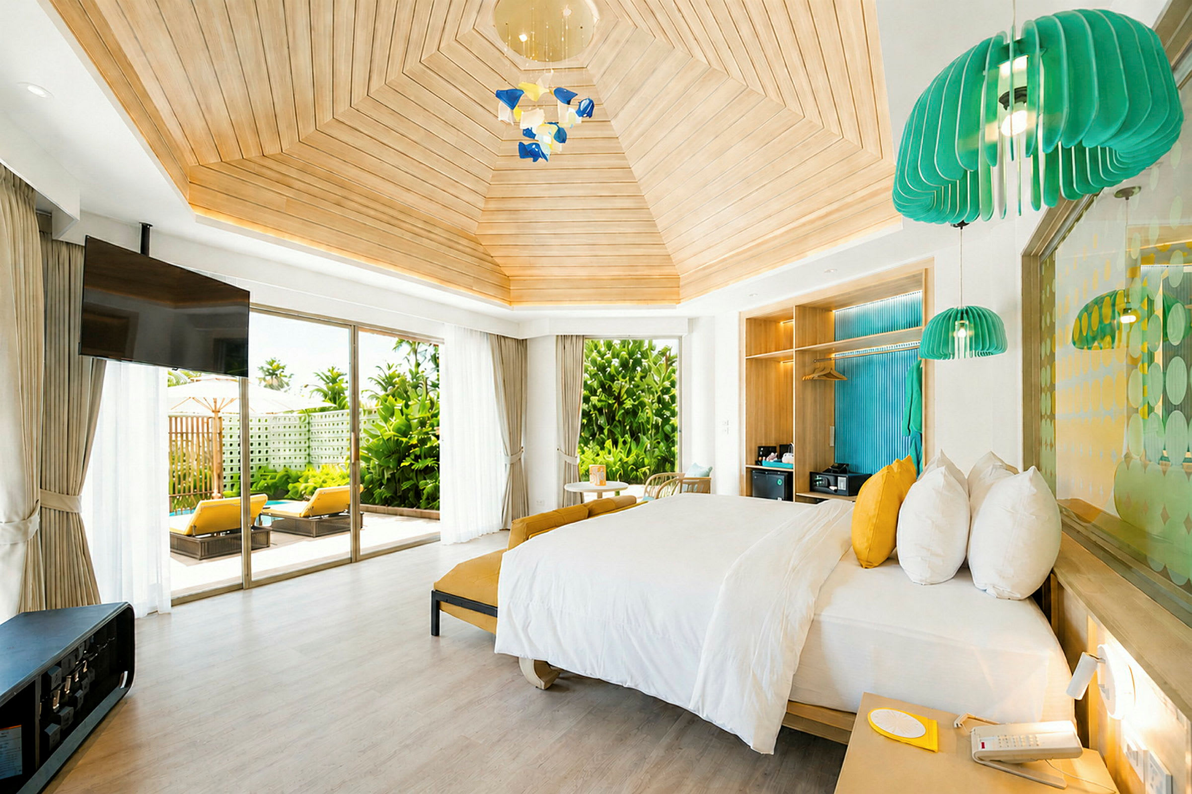 Et lyst og rummeligt hotelværelse med moderne indretning, en stor seng og store vinduer, der vender ud mod en terrasse med liggestole og beplantning. (AI-genereret tekst)