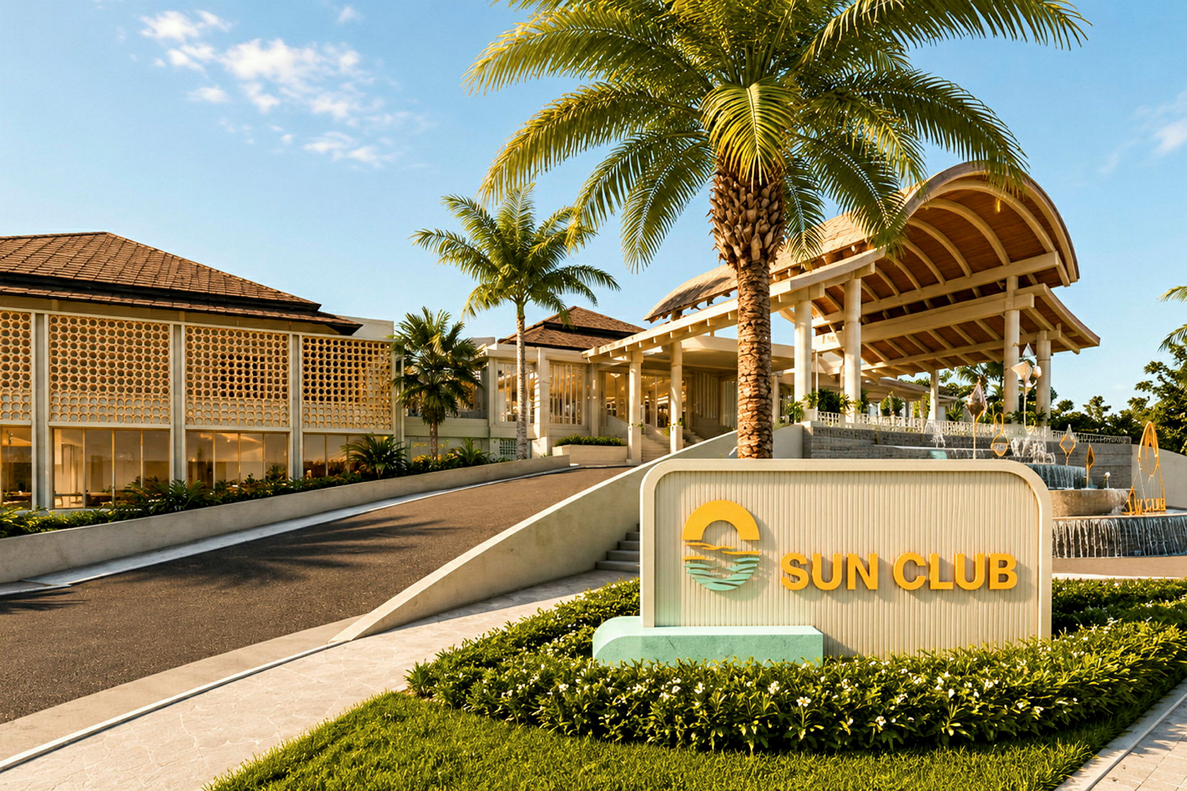 En moderne bygning med et skilt med teksten "Sun Club" i forgrunden og palmer omkring. (AI-genereret tekst)