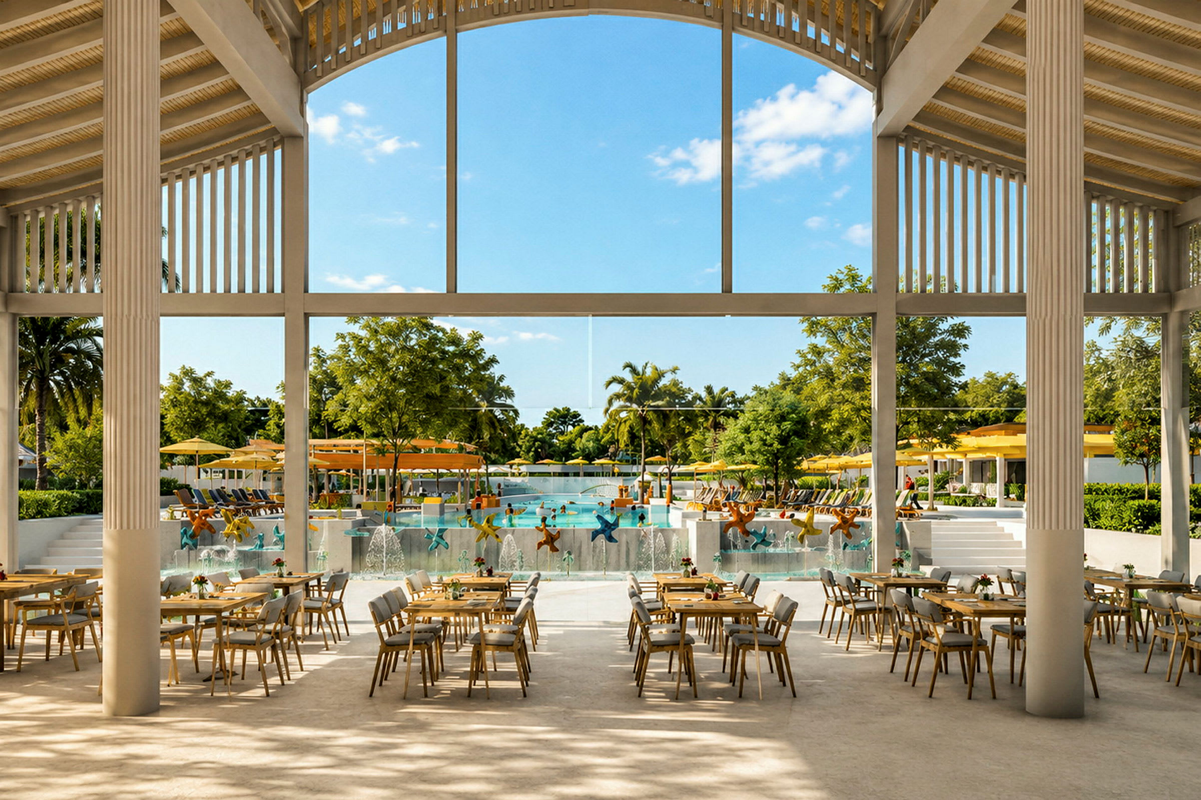 En restaurant med bordopstilling indendørs, med udsigt over en pool og have gennem store vinduer. (AI-genereret tekst)