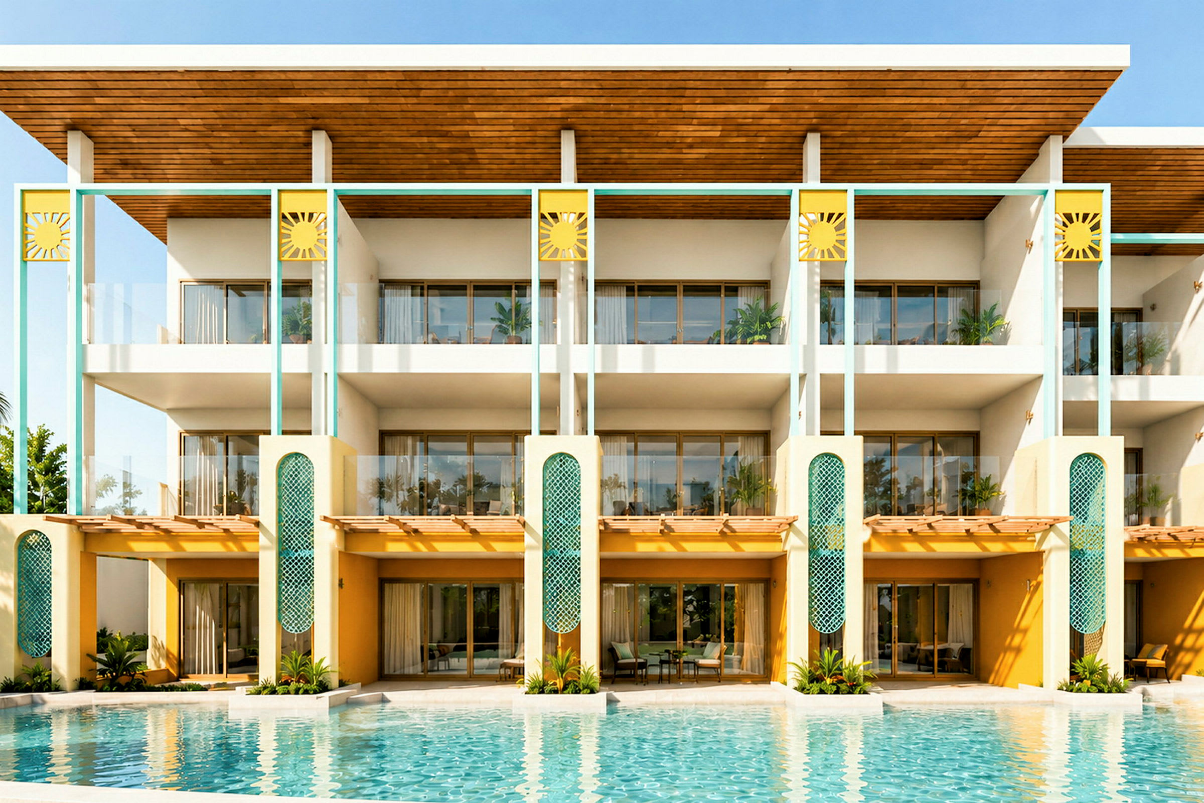 Et moderne hotel med altaner og terrasser, beliggende ved en pool. (AI-genereret tekst)