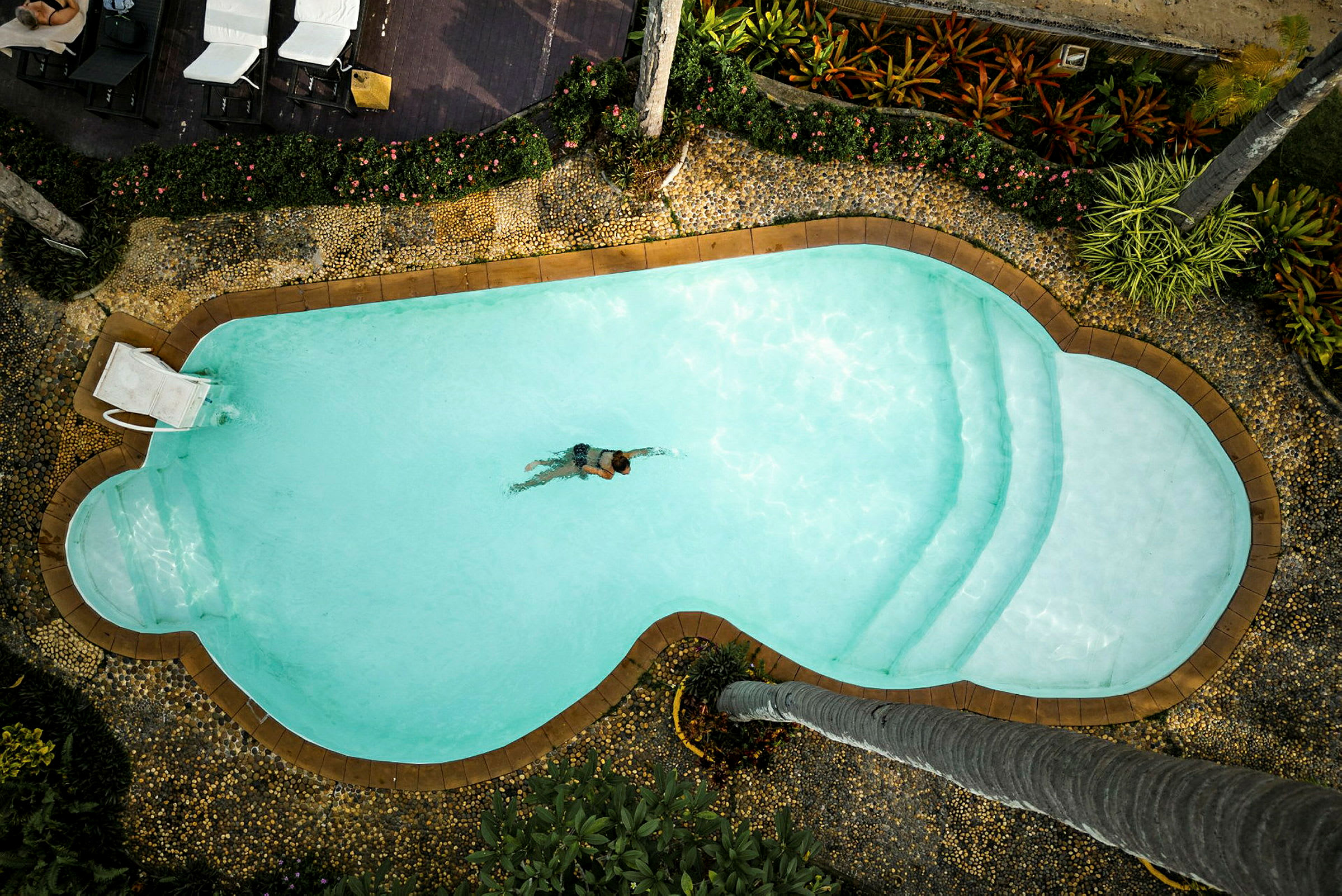 Et oppefra-perspektiv viser en pool med en person, der svømmer i den. Omkring poolen er der beplantning og liggestole til afslapning. (AI-genereret tekst)