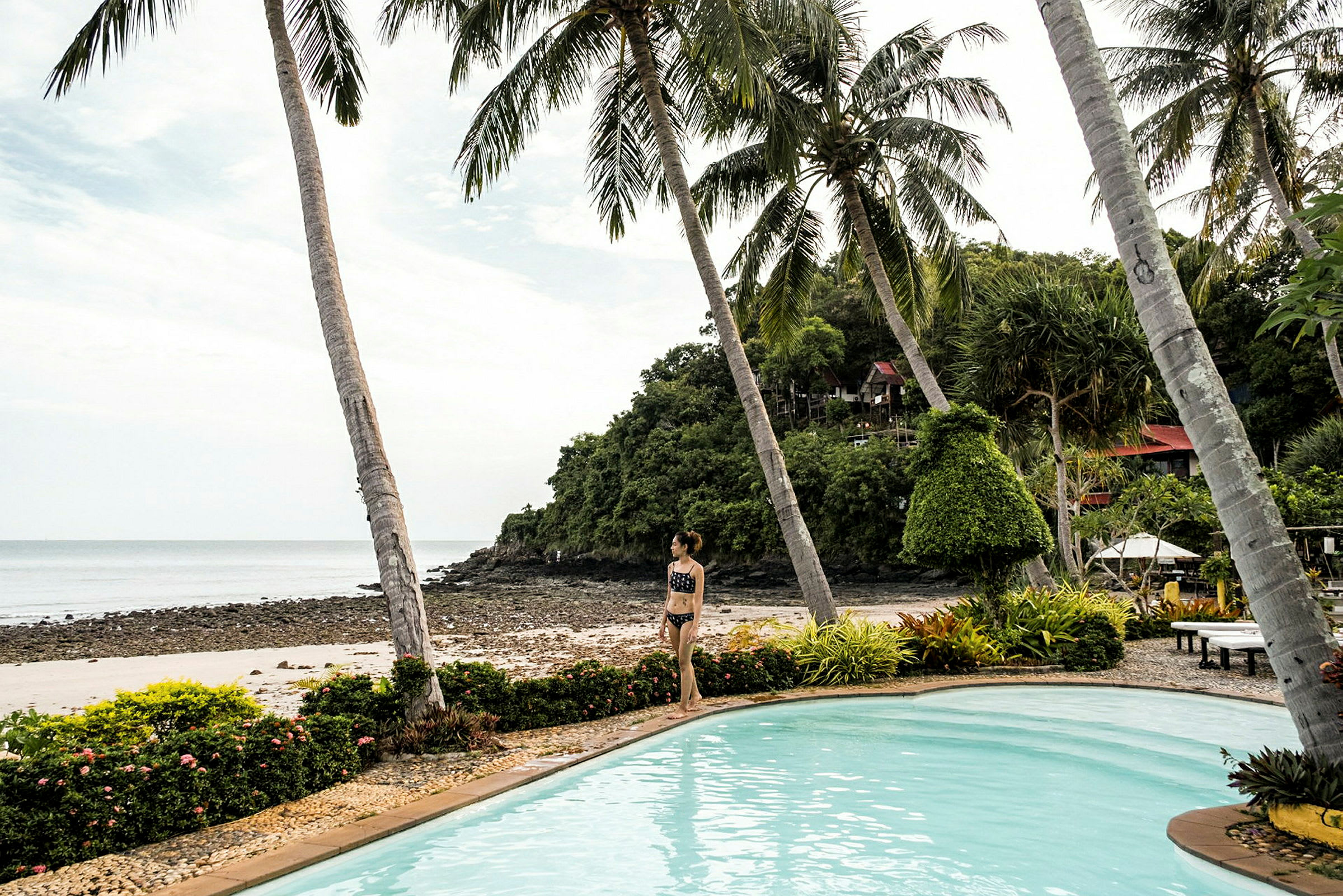 En swimmingpool foran en strand med palmer og vegetation i baggrunden. (AI-genereret tekst)