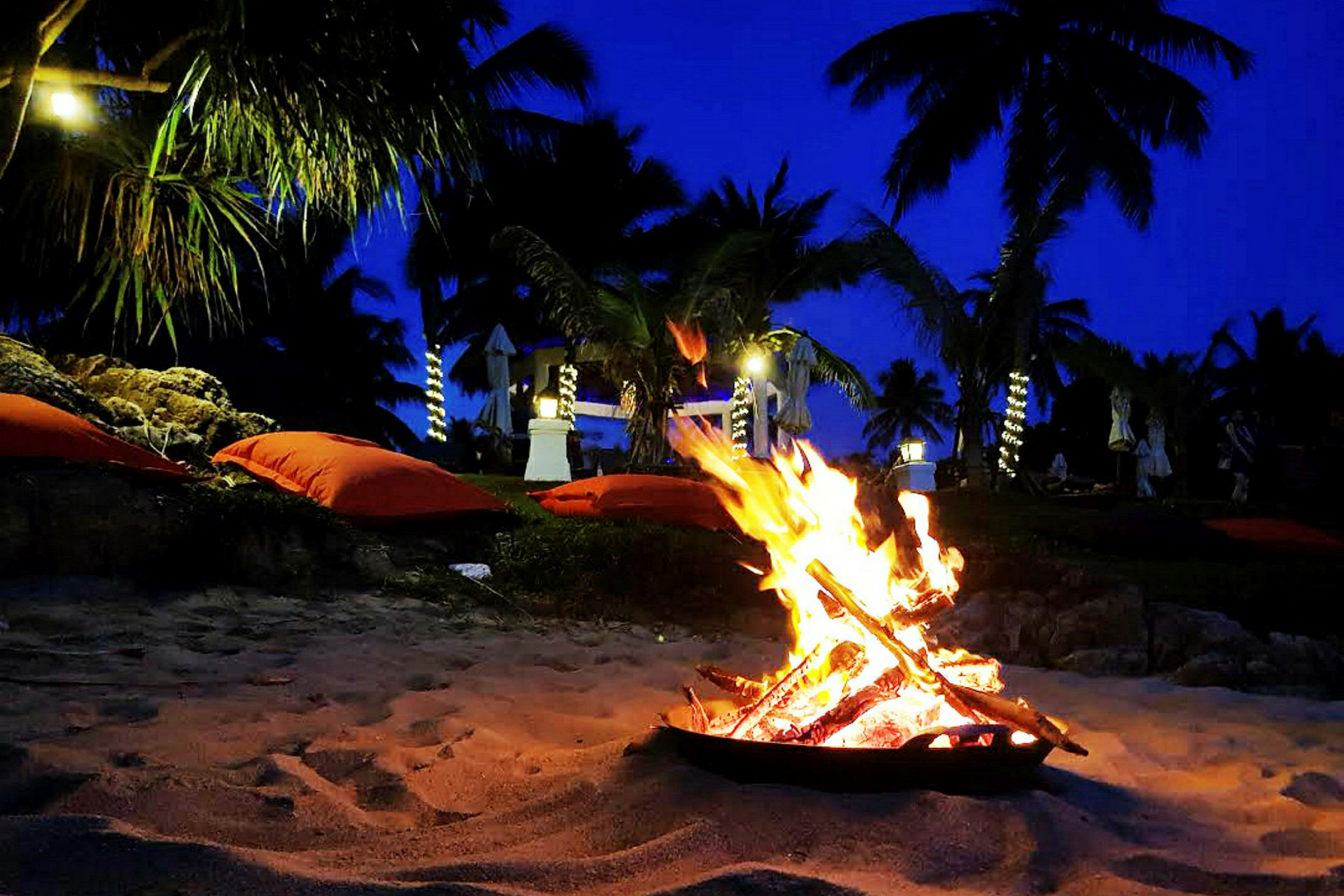 Bål på stranden med palmer i baggrunden om aftenen. (AI-genereret tekst)
