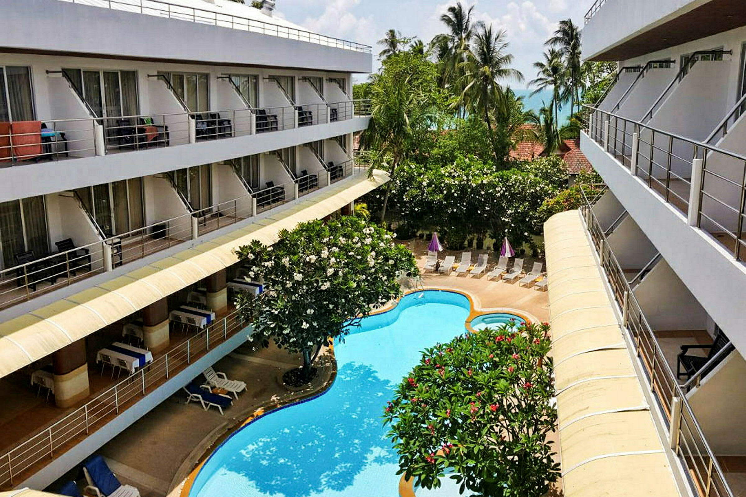 Billede af et hotel med altaner, have og pool. (AI-genereret tekst)