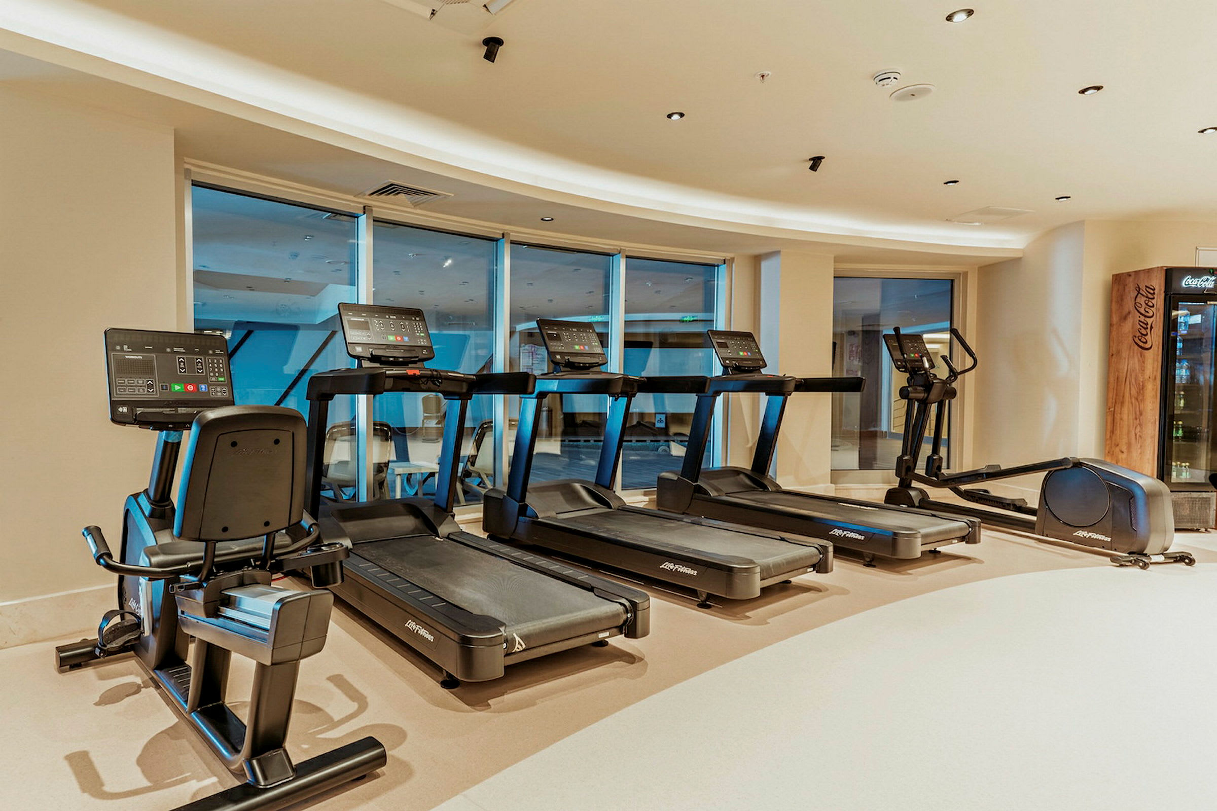 Et fitnesscenter med løbebånd, motionscykel og træningsmaskiner foran store vinduer. (AI-genereret tekst)