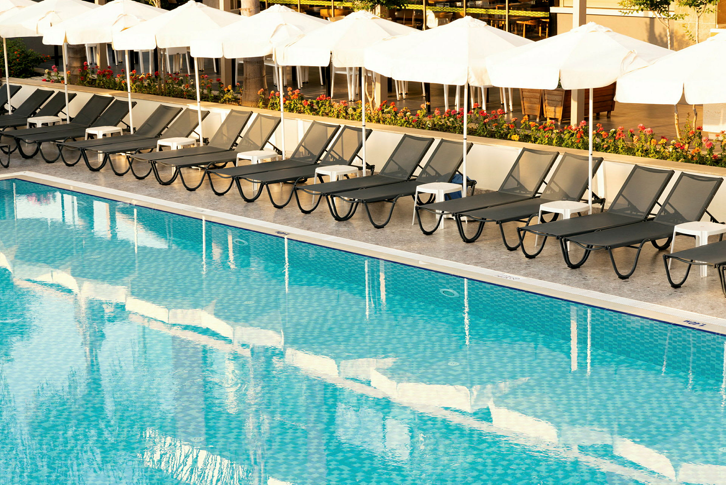 Liggestole og parasoller ved en klar blå pool. (AI-genereret tekst)