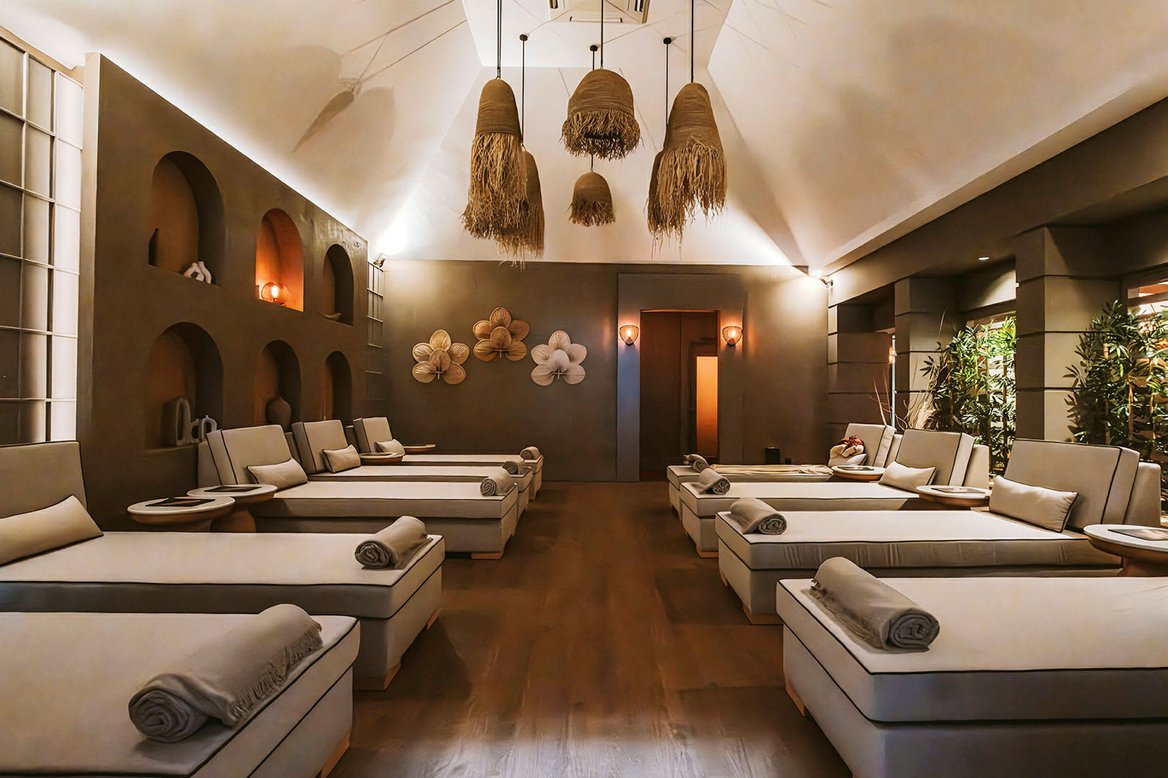 Et elegant spa-område med dæmpet belysning, komfortable liggestole og dekorative vægdekorationer. (AI-genereret tekst)