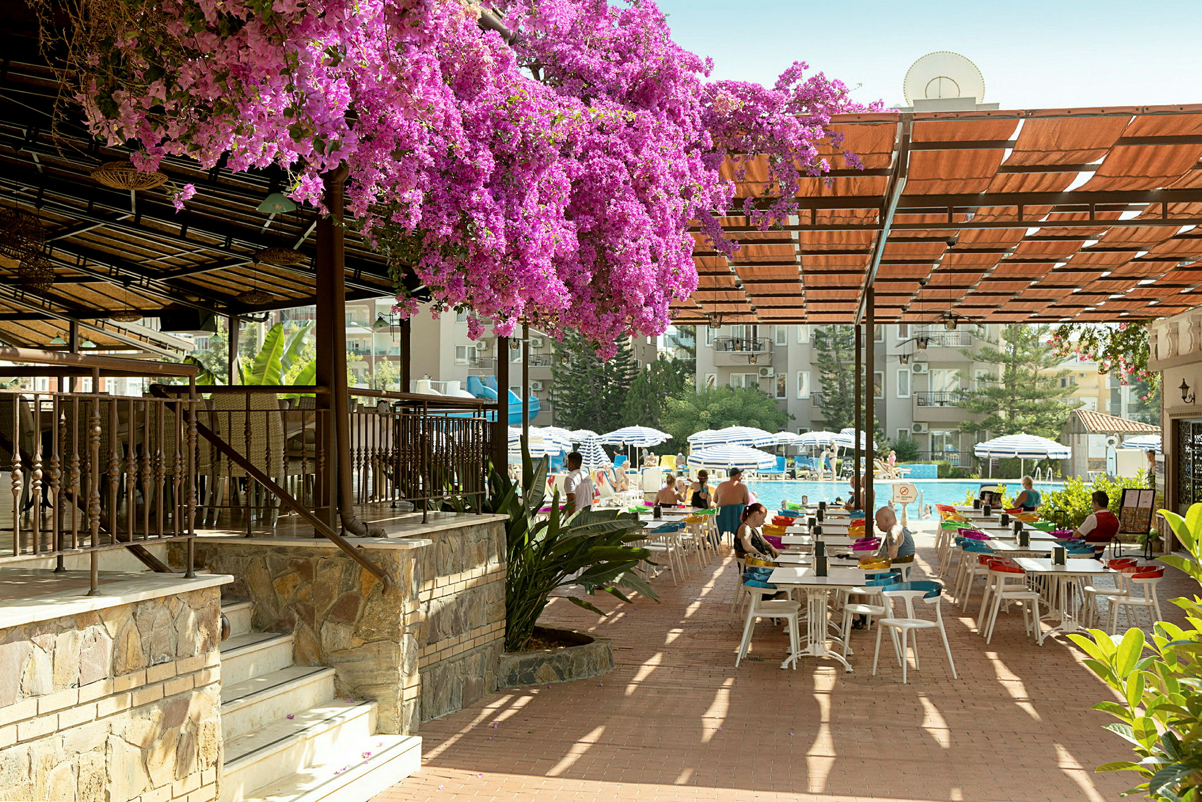 En udendørs spiseområde under pergola, med blomstrende lyserøde planter og en pool i baggrunden. (AI-genereret tekst)