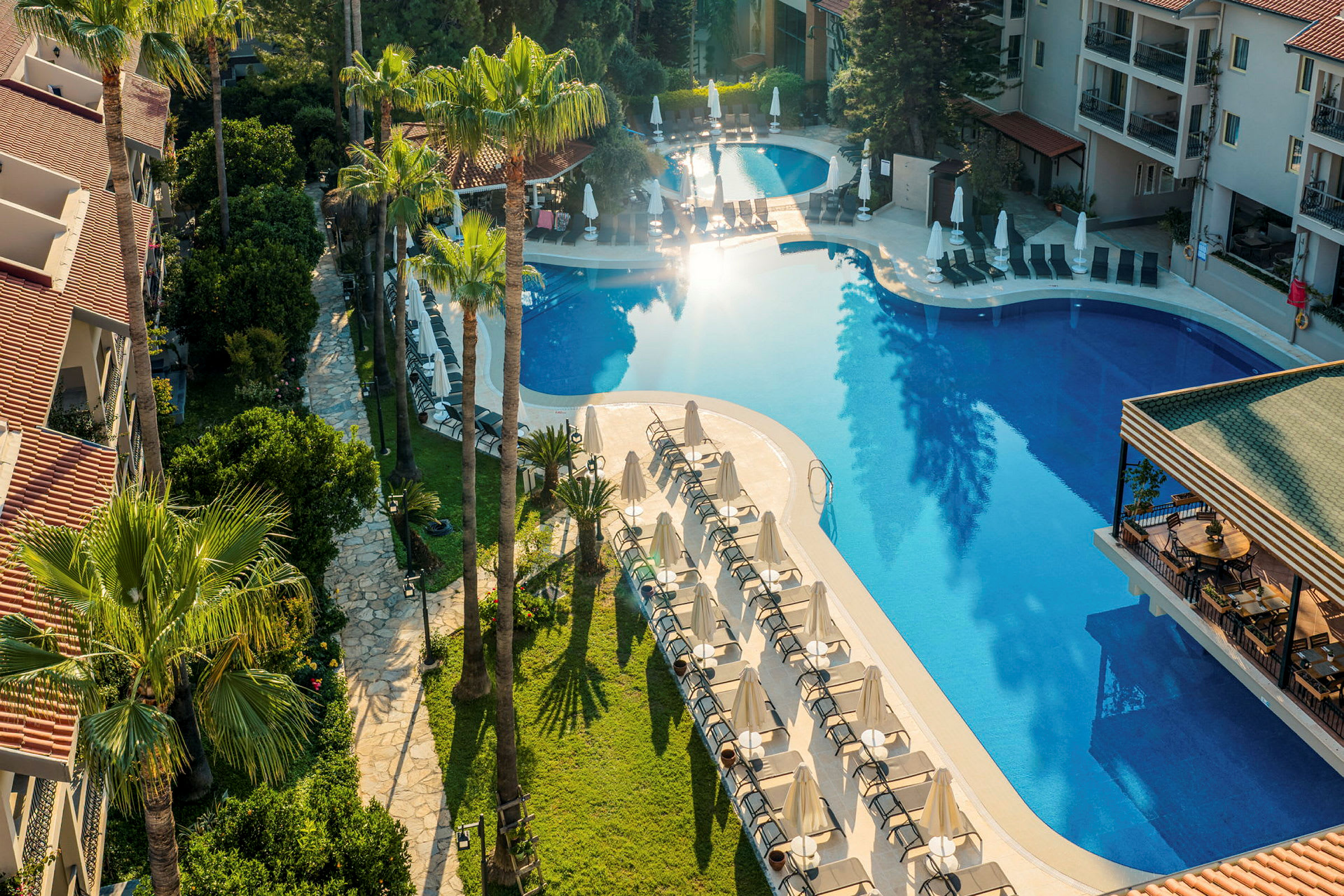 Et hotelområde med pool, liggestole og palmer. (AI-genereret tekst)