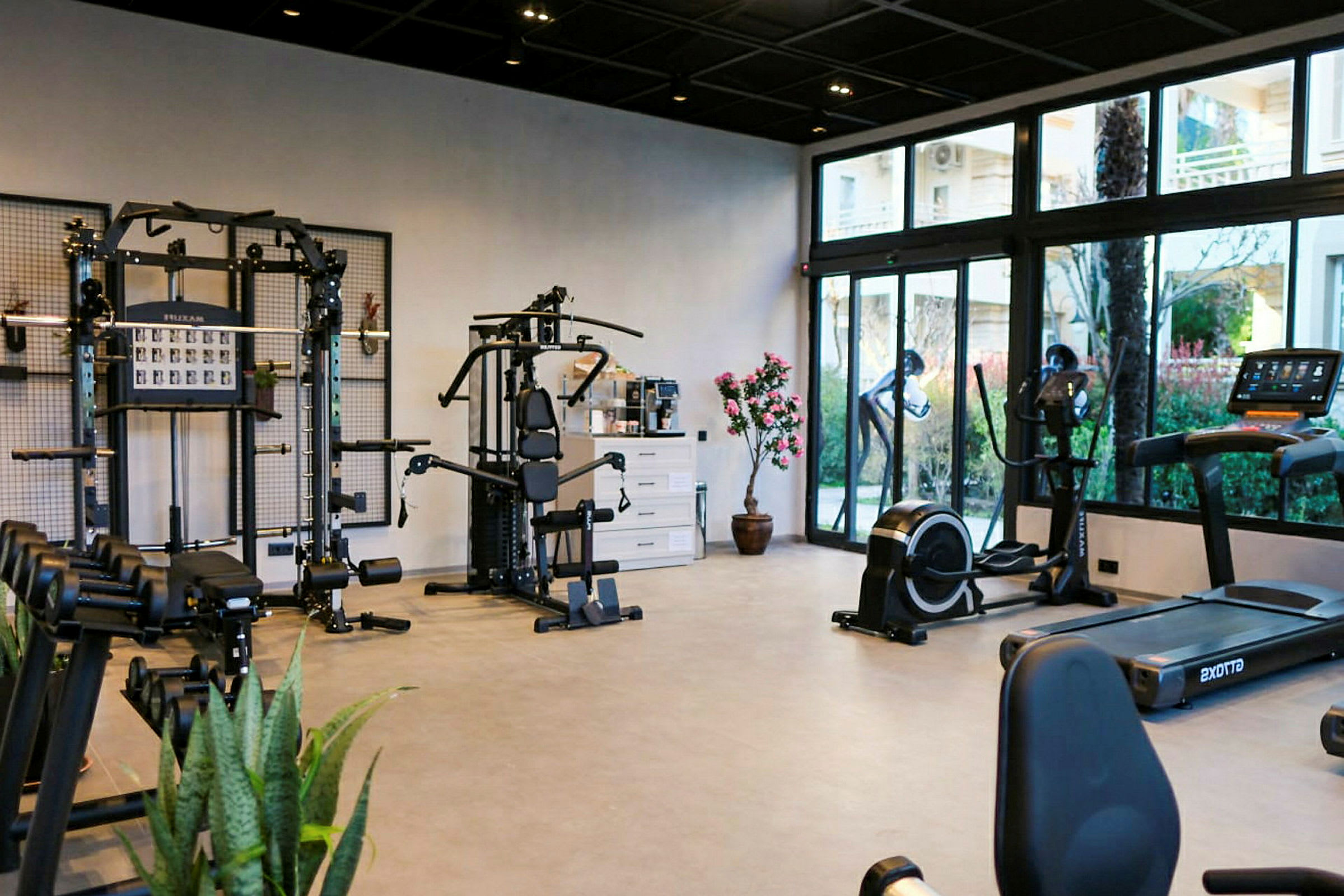 Et fitnessrum med forskellige træningsmaskiner og vægte samt glasvinduer med udsigt til udendørs. (AI-genereret tekst)