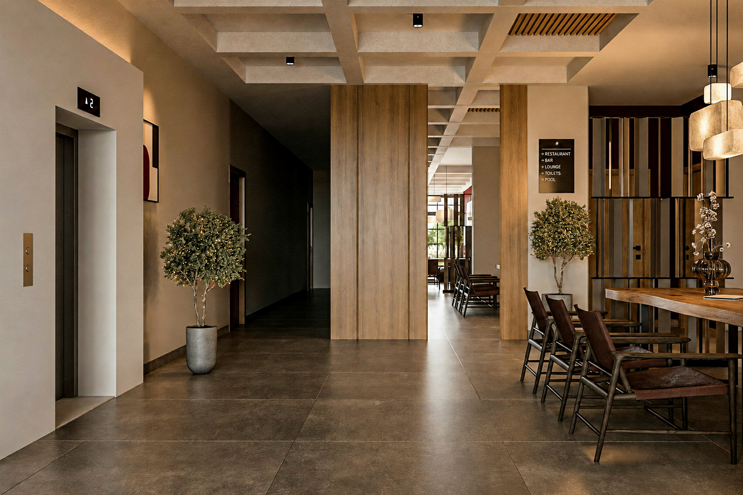En moderne hotellobby med træelementer, siddepladser og planter. (AI-genereret tekst)