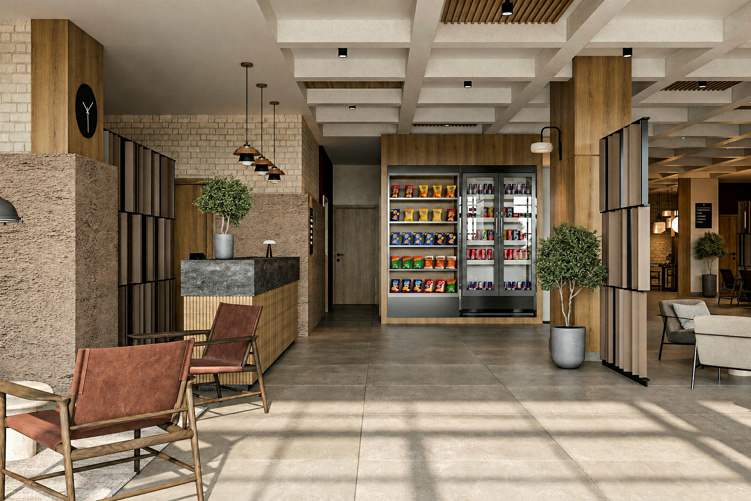 Reception og loungeområde med moderne indretning, små borde, stole, snackautomat og planter. (AI-genereret tekst)