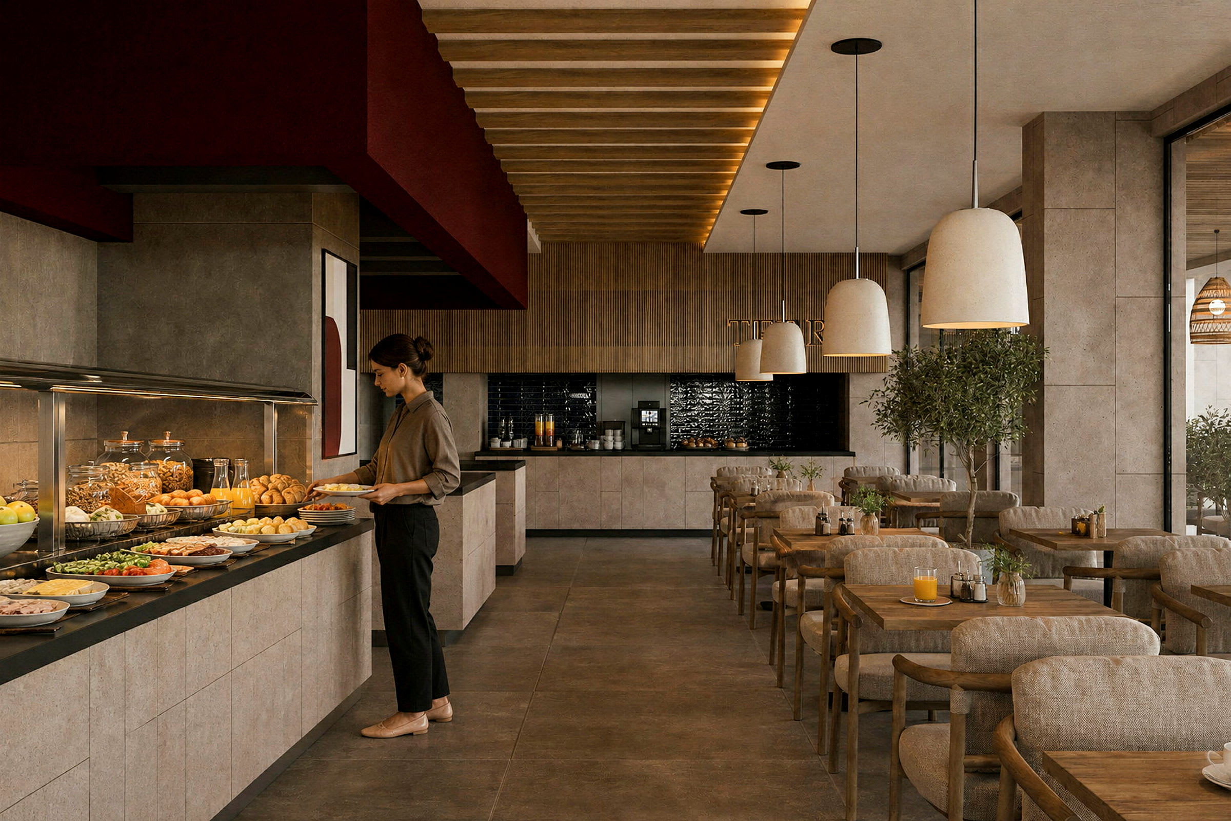 En kvinde står ved en buffet med forskellige retter og drikkevarer i en moderne restaurant. (AI-genereret tekst)
