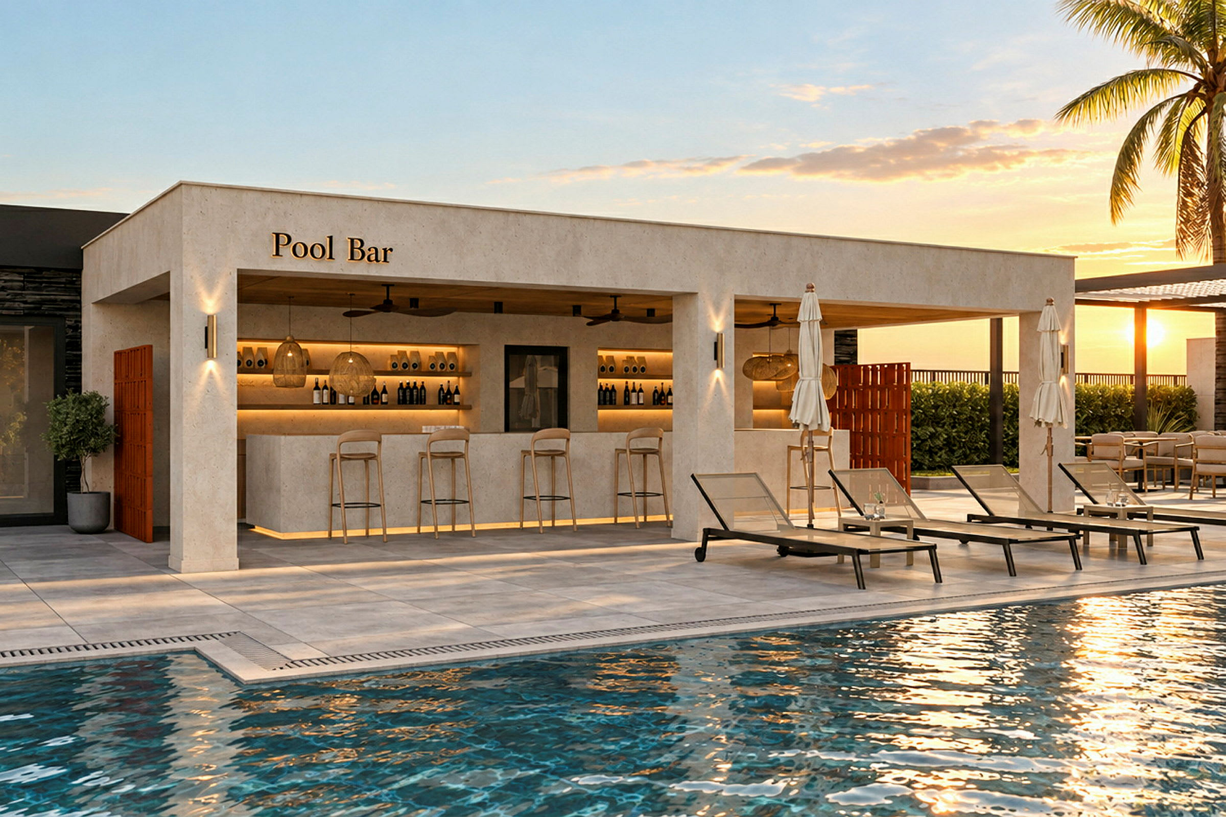 Udendørs poolområde med en poolbar og liggestole langs poolkanten. (AI-genereret tekst)