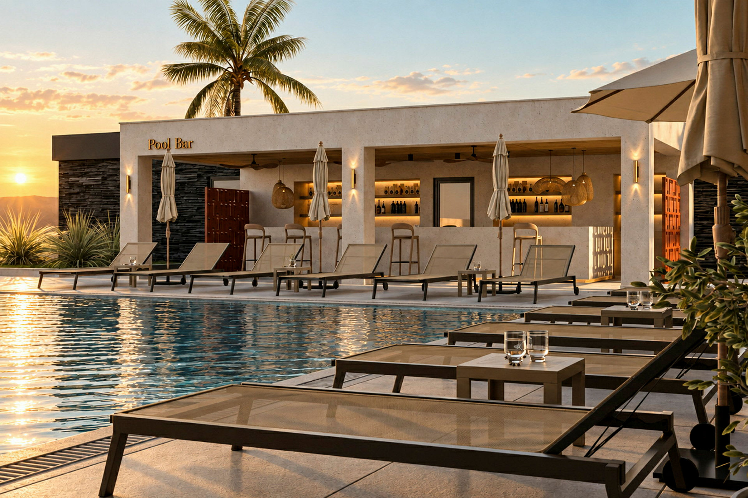 Billede af en udendørs pool med liggestole og en poolbar i baggrunden, omgivet af palmer og med en solnedgang i horisonten. (AI-genereret tekst)
