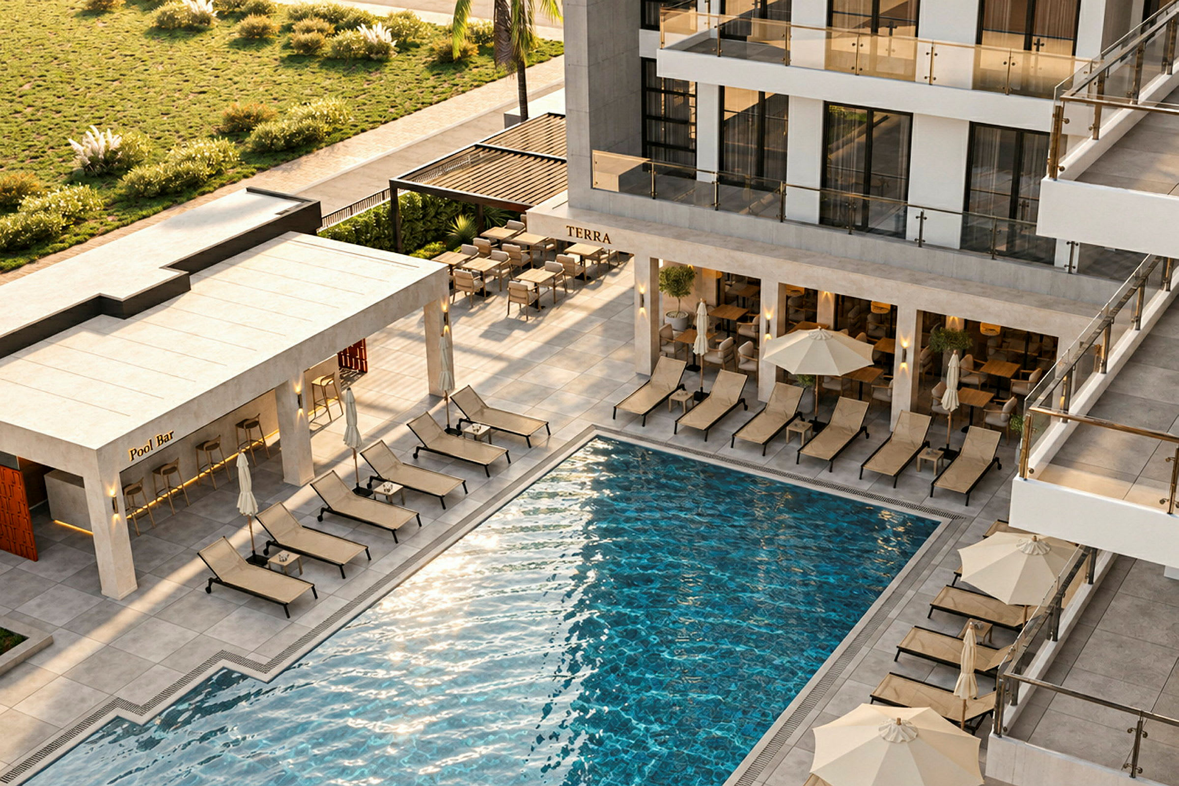 Hotelområde med pool, liggestole og restaurantområder. (AI-genereret tekst)