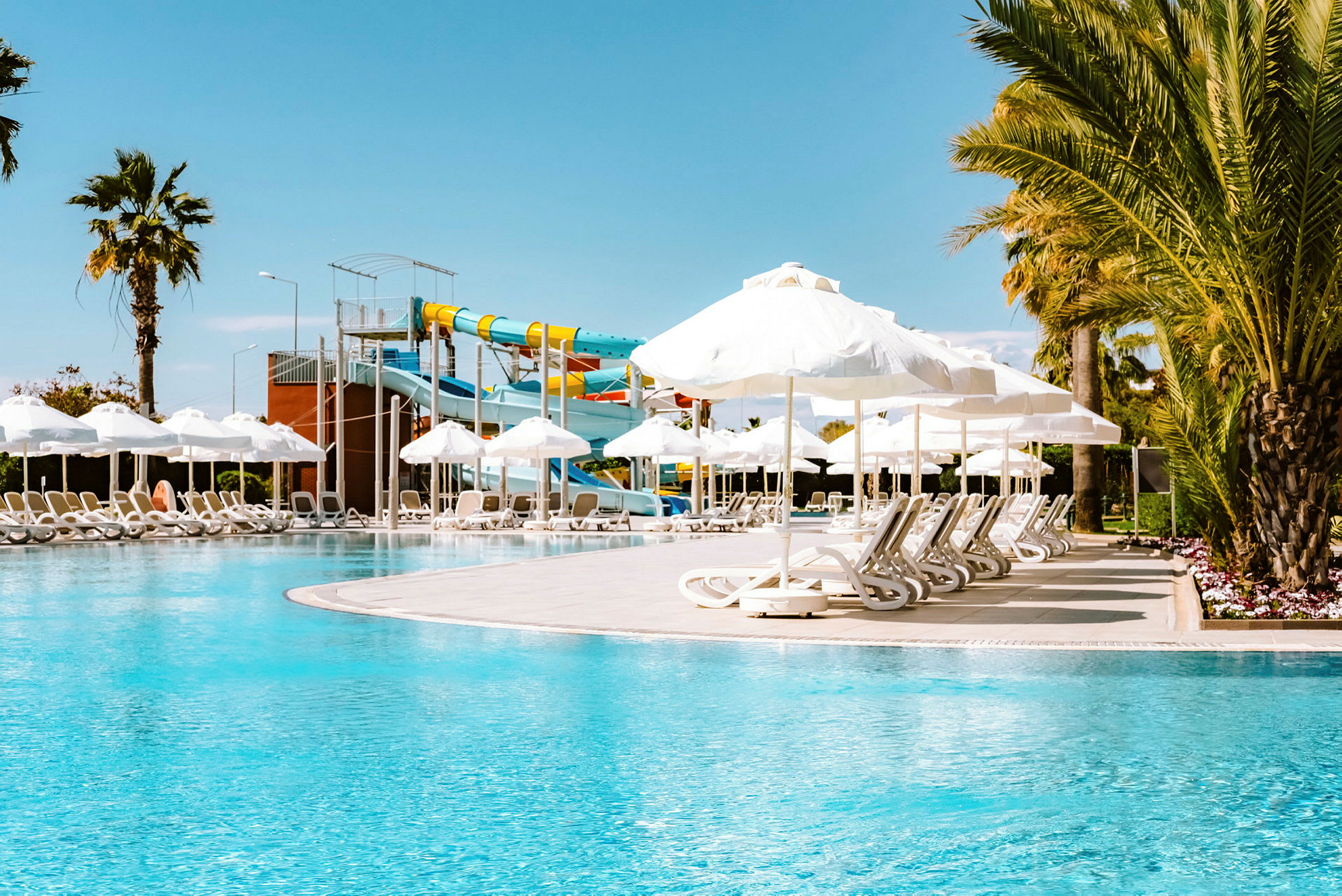 En swimmingpool med liggestole, parasoller og vandrutsjebaner. (AI-genereret tekst)