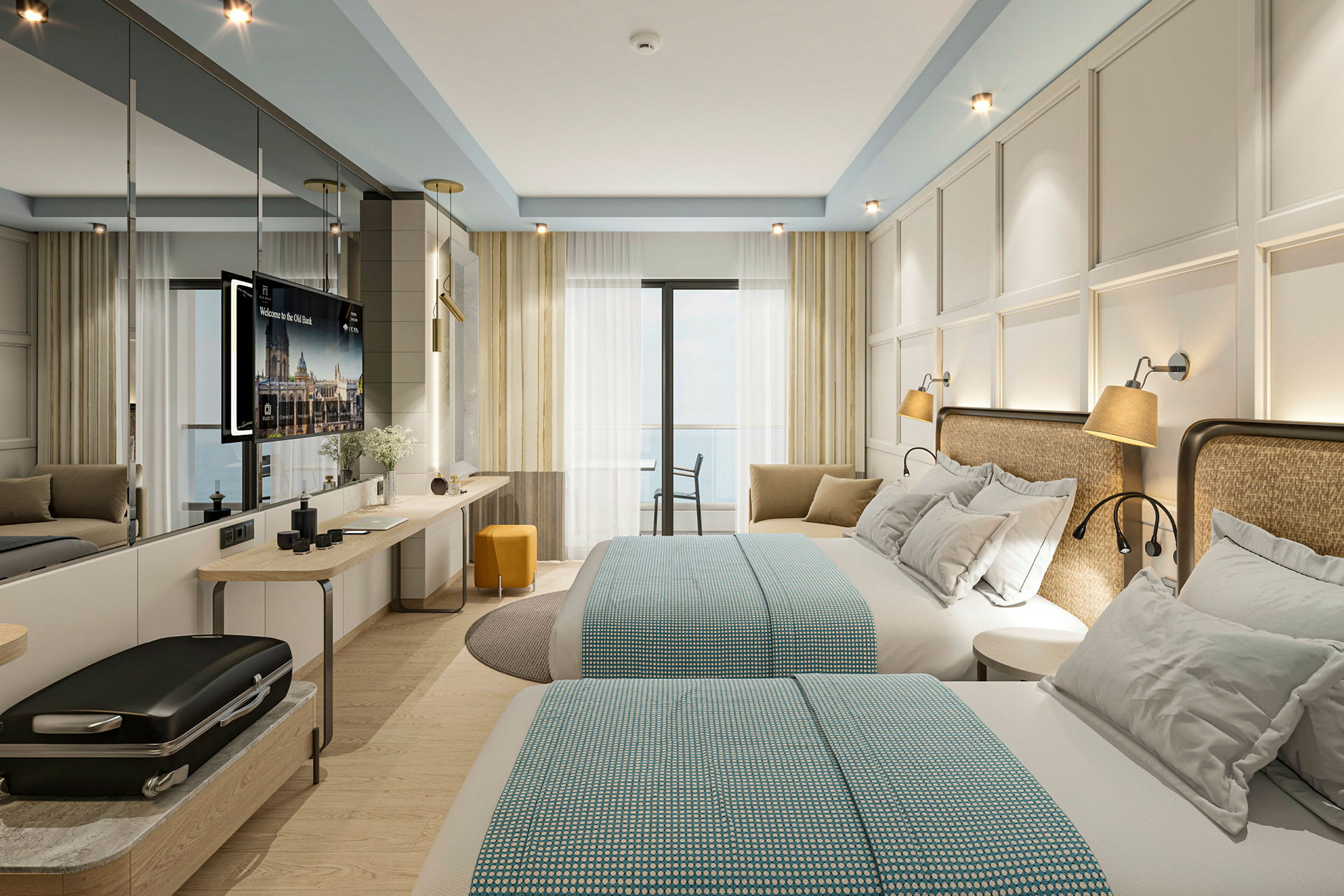 Hotelværelse med to dobbeltsenge, moderne indretning og altandør. (AI-genereret tekst)